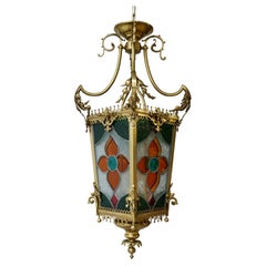 Antique 19th Century Brass Hall Lantern With Original Stained Glass