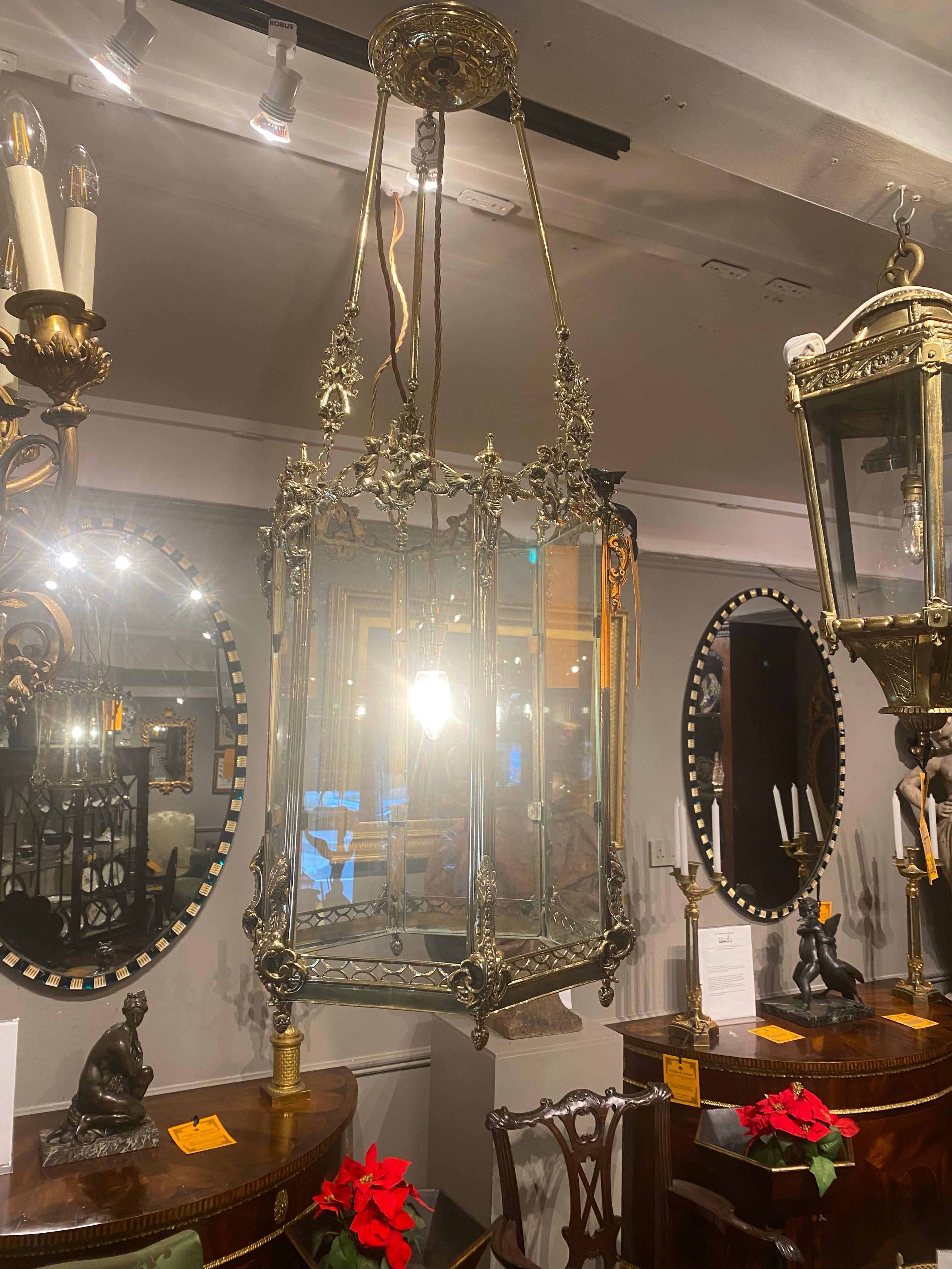 Cast 19th Century Brass Hexagonal Hall Lantern For Sale
