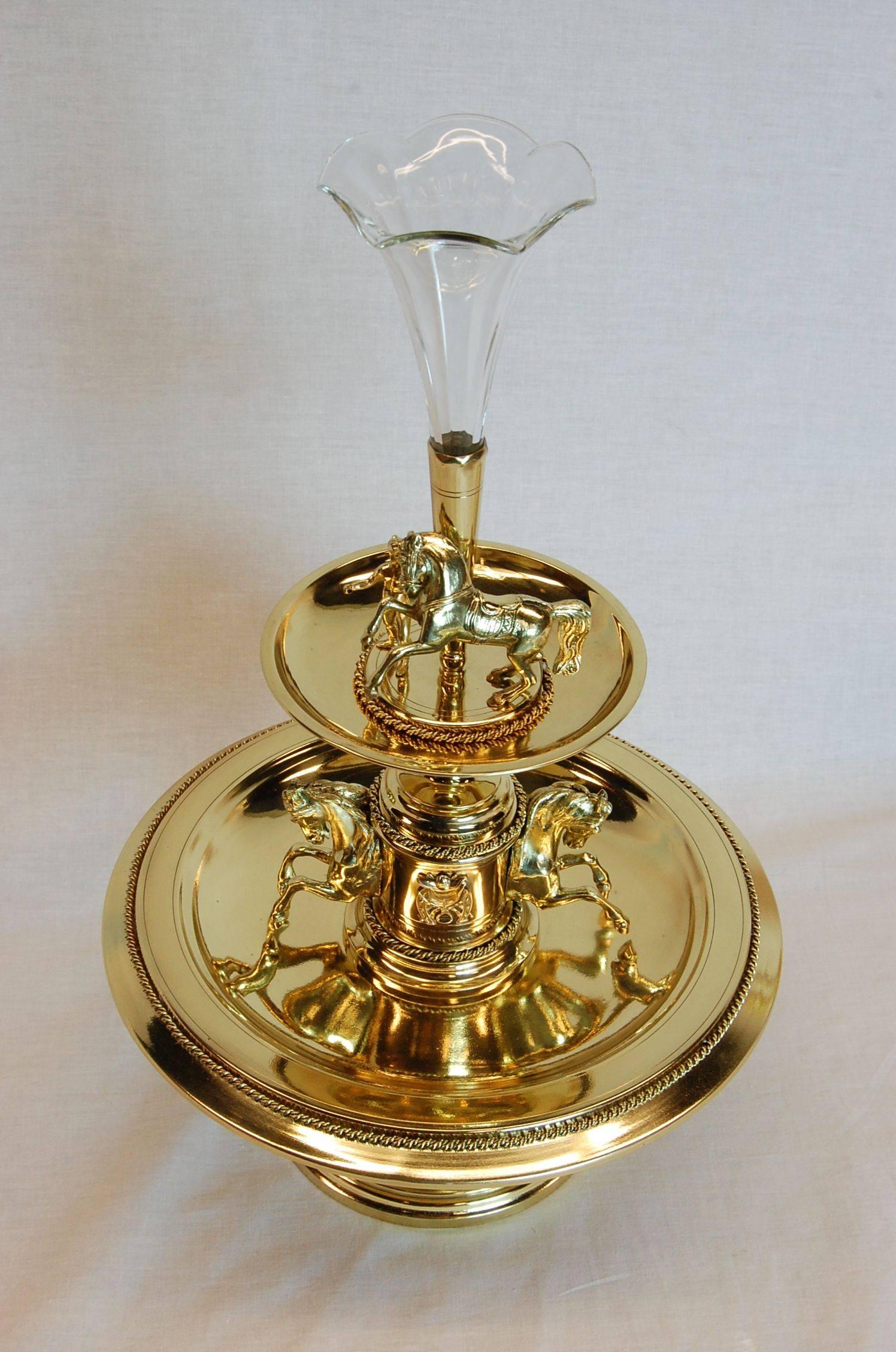 Georgian 19th Century Brass Horse Racing Motif Centrepiece with Fluted Glass Epergne