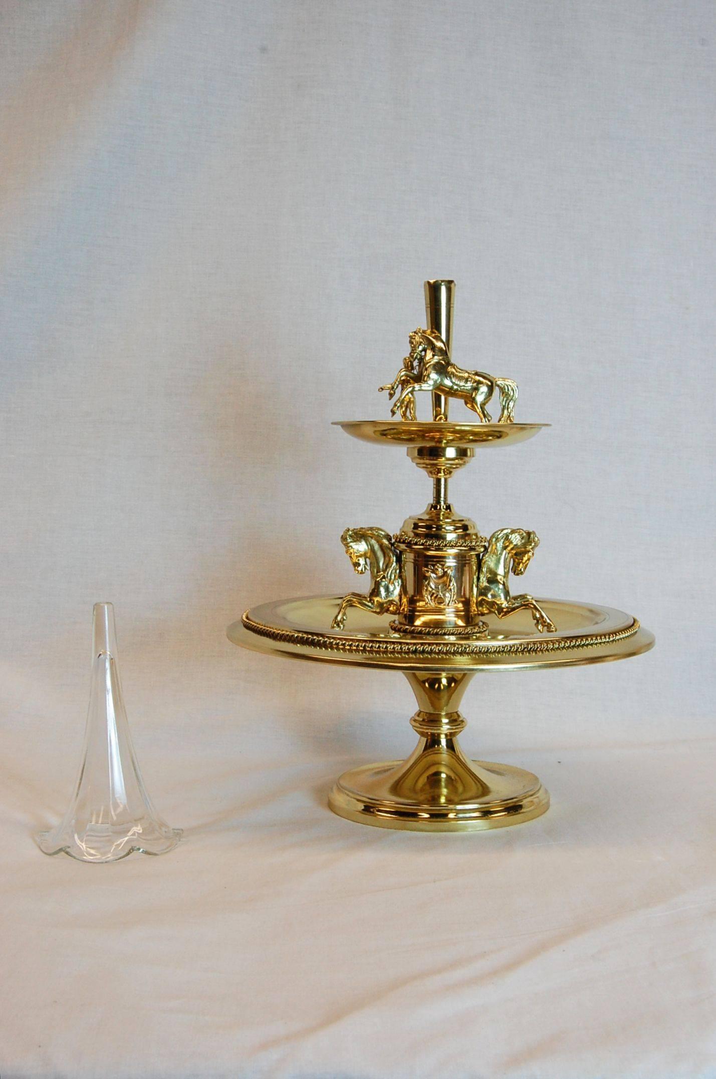 British 19th Century Brass Horse Racing Motif Centrepiece with Fluted Glass Epergne