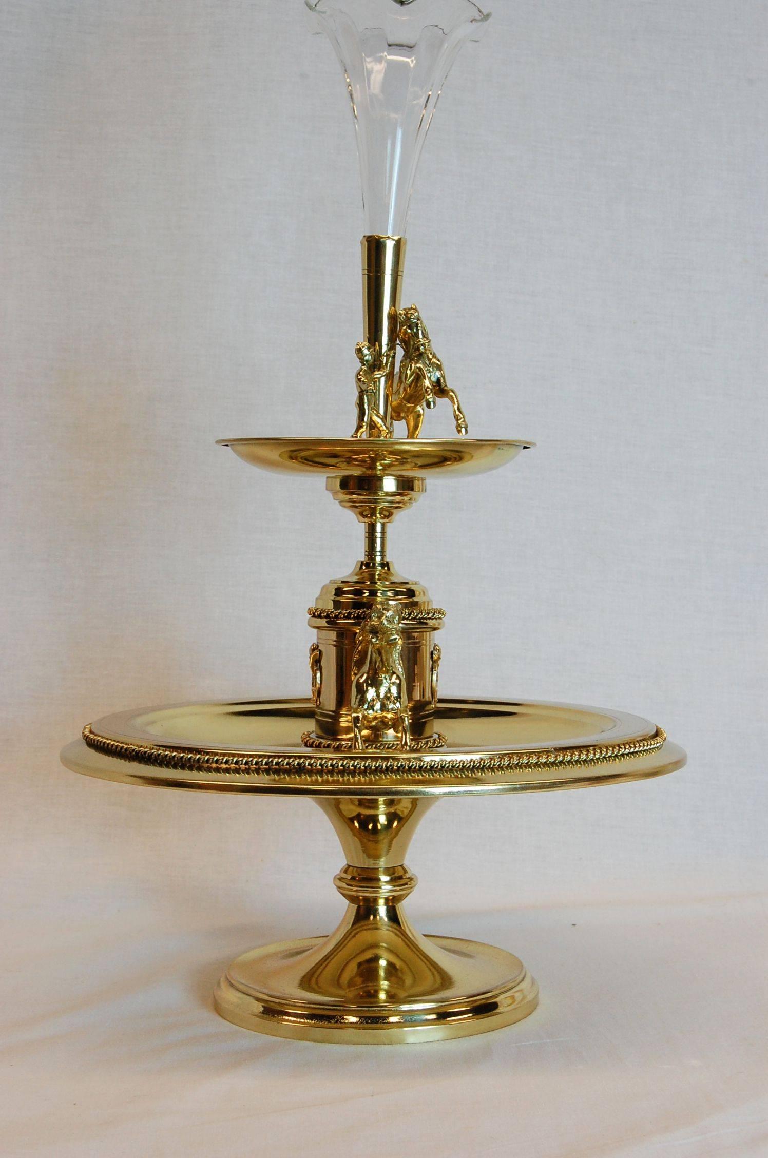 Cast 19th Century Brass Horse Racing Motif Centrepiece with Fluted Glass Epergne