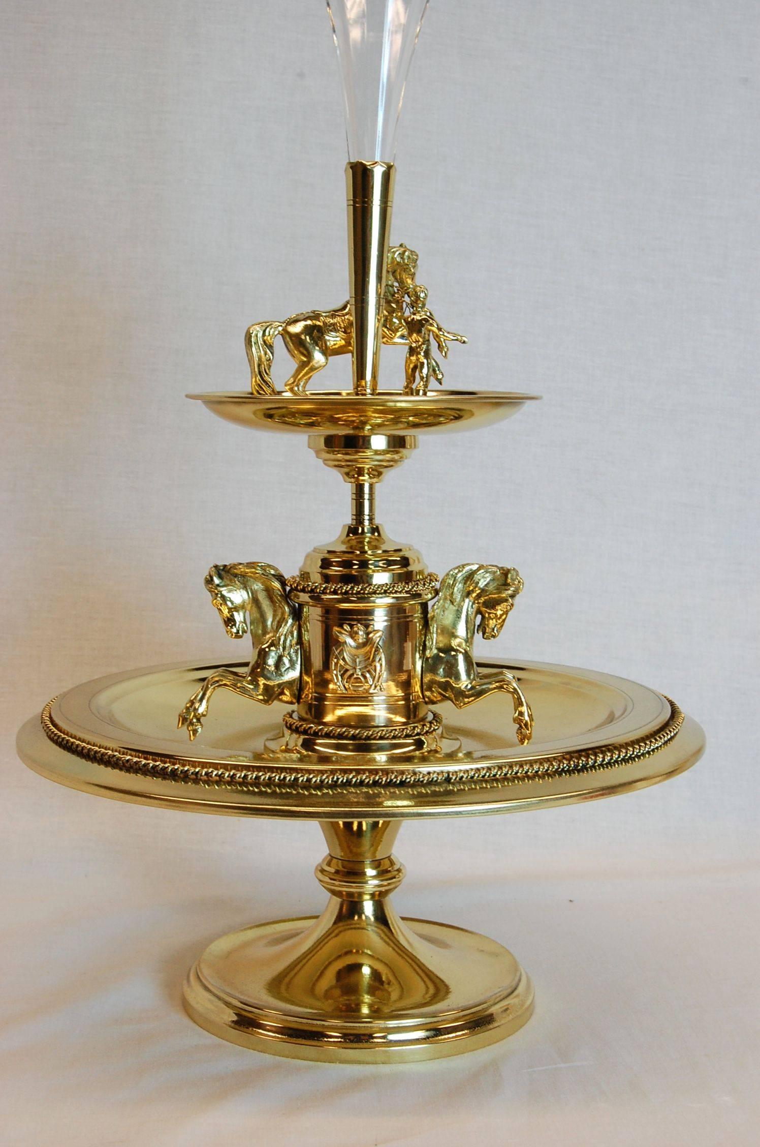 19th Century Brass Horse Racing Motif Centrepiece with Fluted Glass Epergne In Excellent Condition In Pittsburgh, PA