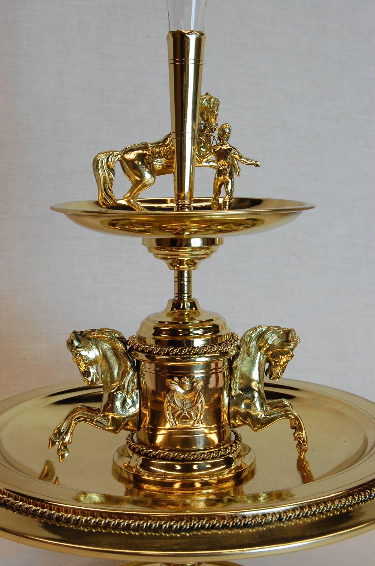 Mid-19th Century 19th Century Brass Horse Racing Motif Centrepiece with Fluted Glass Epergne