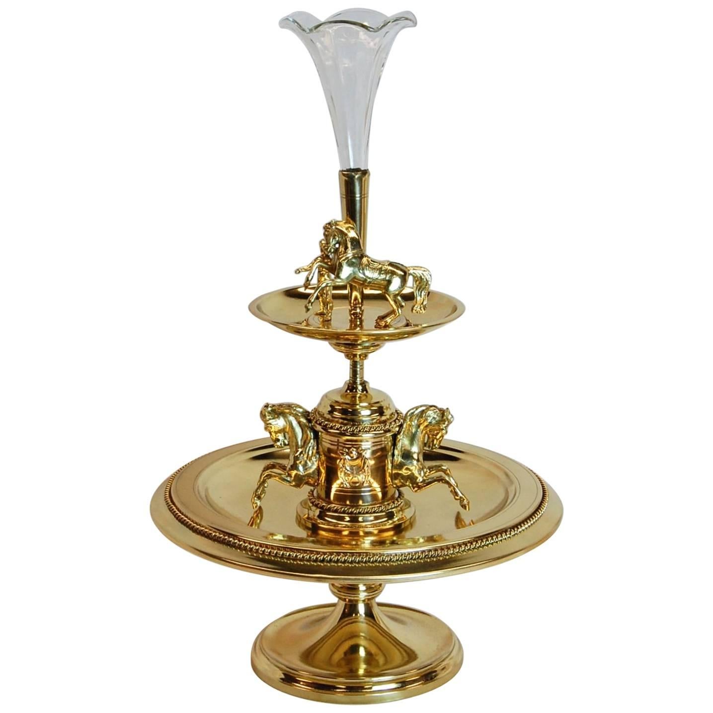 19th Century Brass Horse Racing Motif Centrepiece with Fluted Glass Epergne