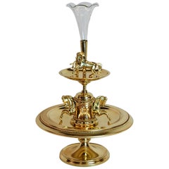 19th Century Brass Horse Racing Motif Centrepiece with Fluted Glass Epergne