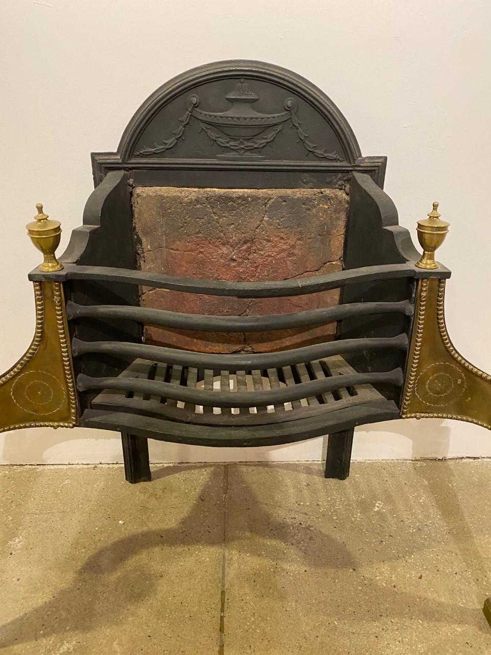 Adam Style 19th Century Brass and Iron Decorative Fire Grate Basket from England For Sale