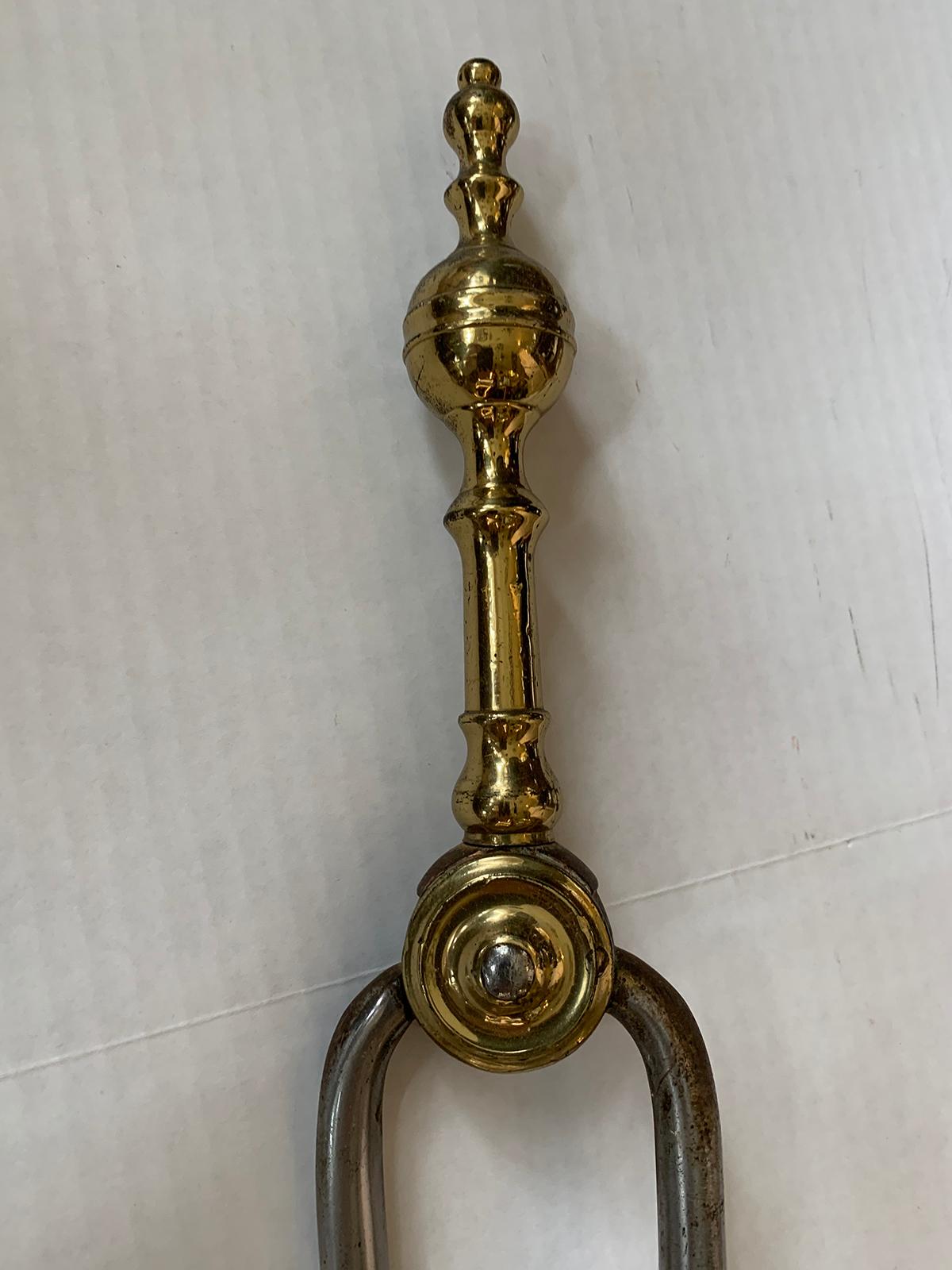 19th Century Brass & Iron Fireplace Tongs For Sale 2