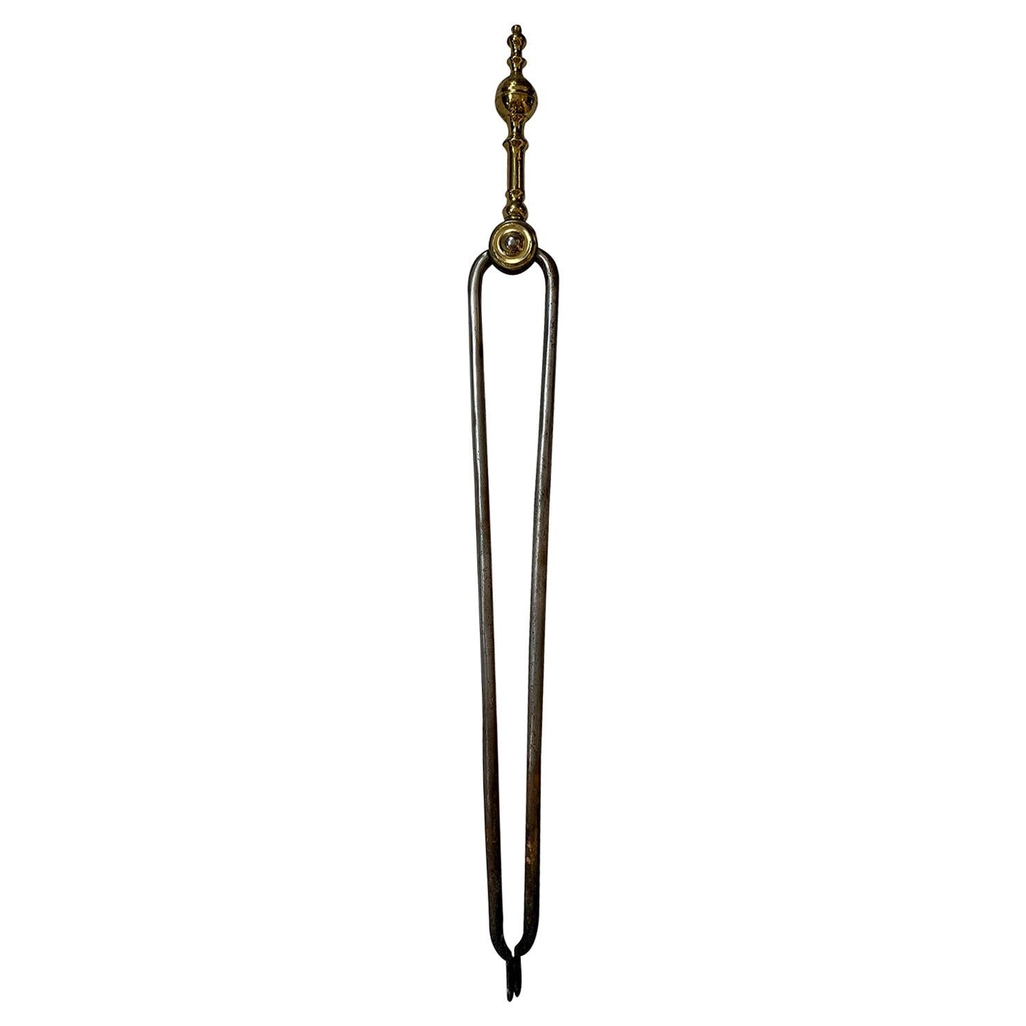 19th Century Brass & Iron Fireplace Tongs For Sale