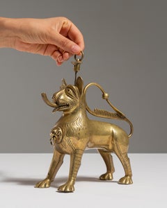 19th Century Brass Lion Aquamanile Oil Lamp, Antique Decorative Object