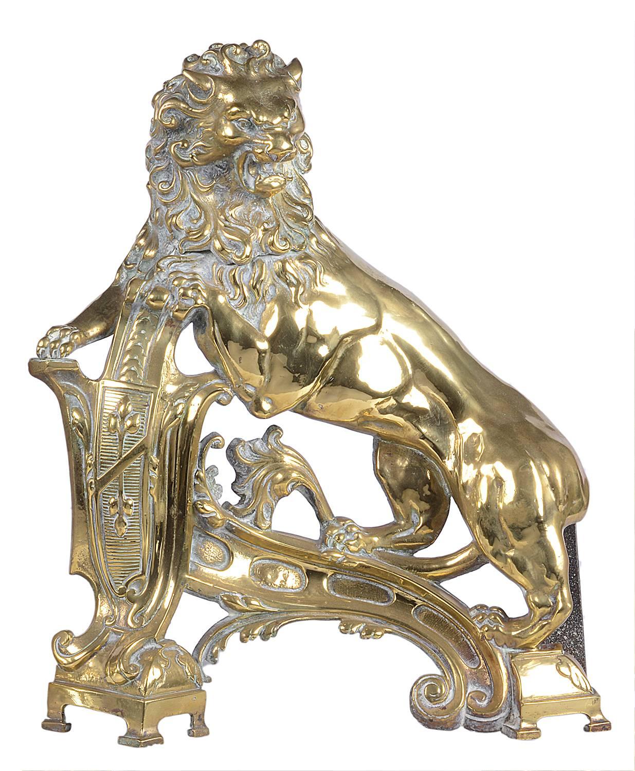 French 19th Century Brass Lion Fire Dogs