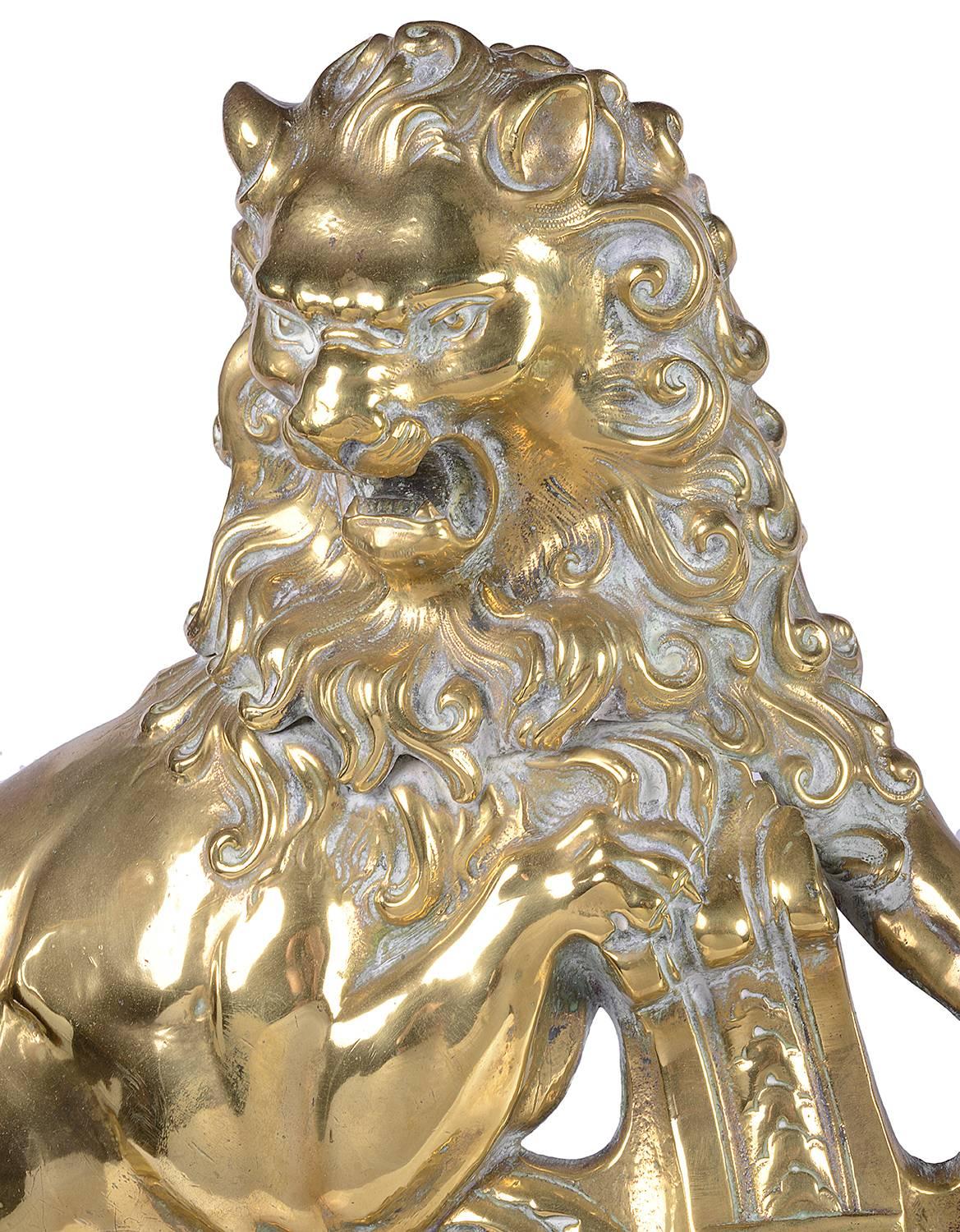 19th Century Brass Lion Fire Dogs In Excellent Condition In Brighton, Sussex