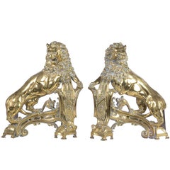 19th Century Brass Lion Fire Dogs
