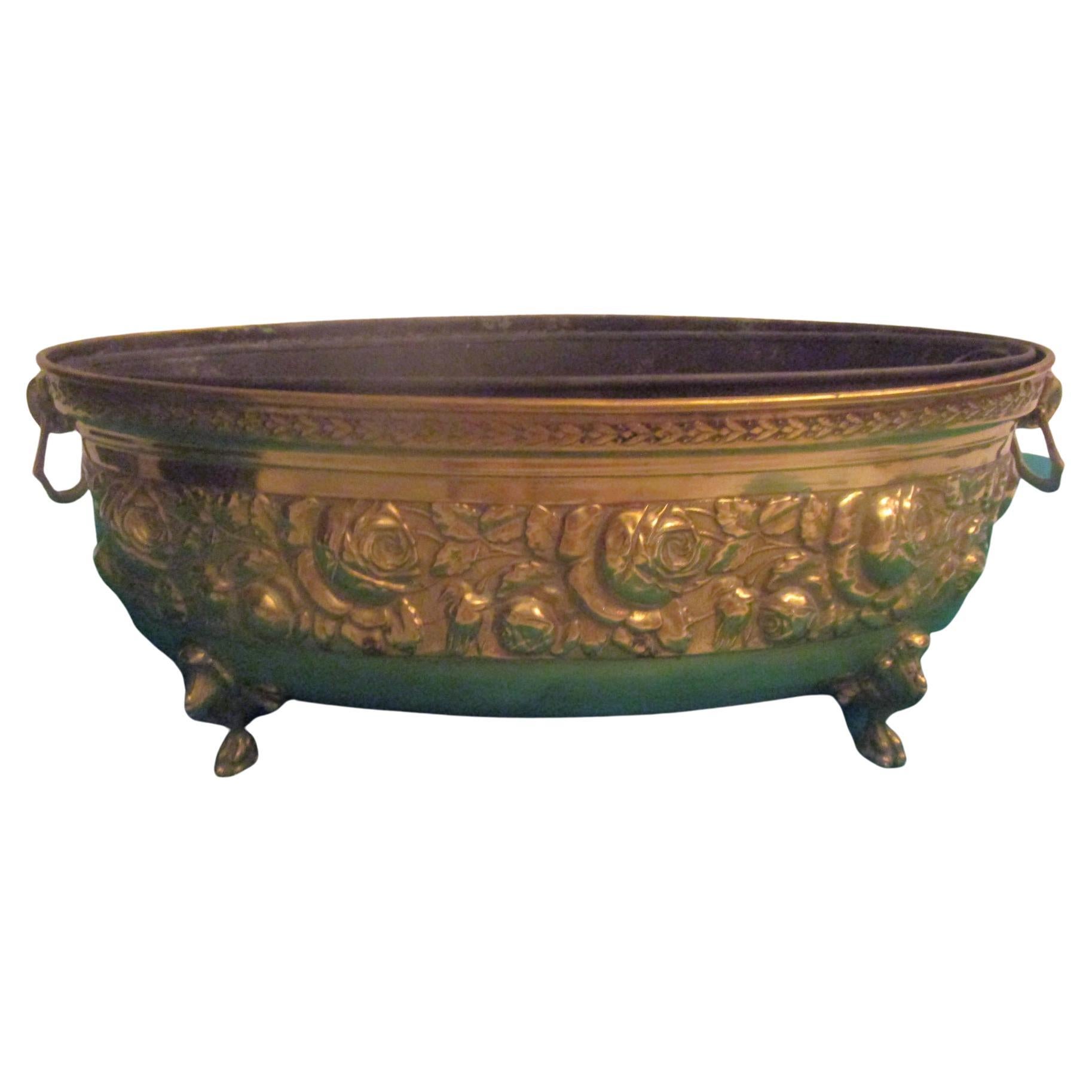 19th Century Brass Oval French Jardinière or Planter with Floral Motif