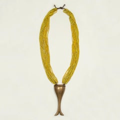19th Century Brass Pendant on Yellow Multi-Strand Beaded Necklace, Naga, India