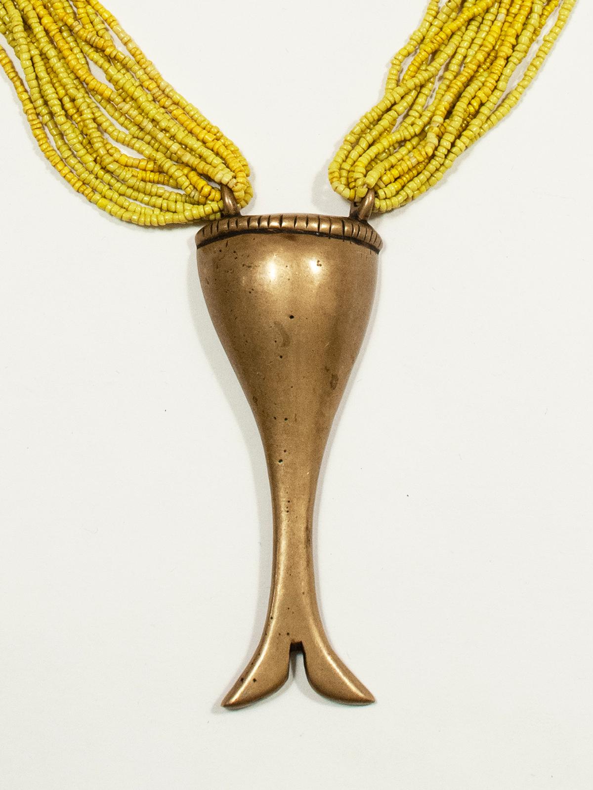 Tribal 19th Century Brass Pendant on Yellow Multi-Strand Beaded Necklace, Naga, India For Sale