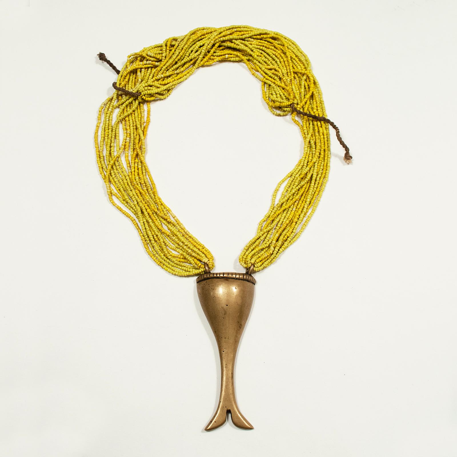 Artisan 19th Century Brass Pendant on Yellow Multi-Strand Beaded Necklace, Naga, India For Sale