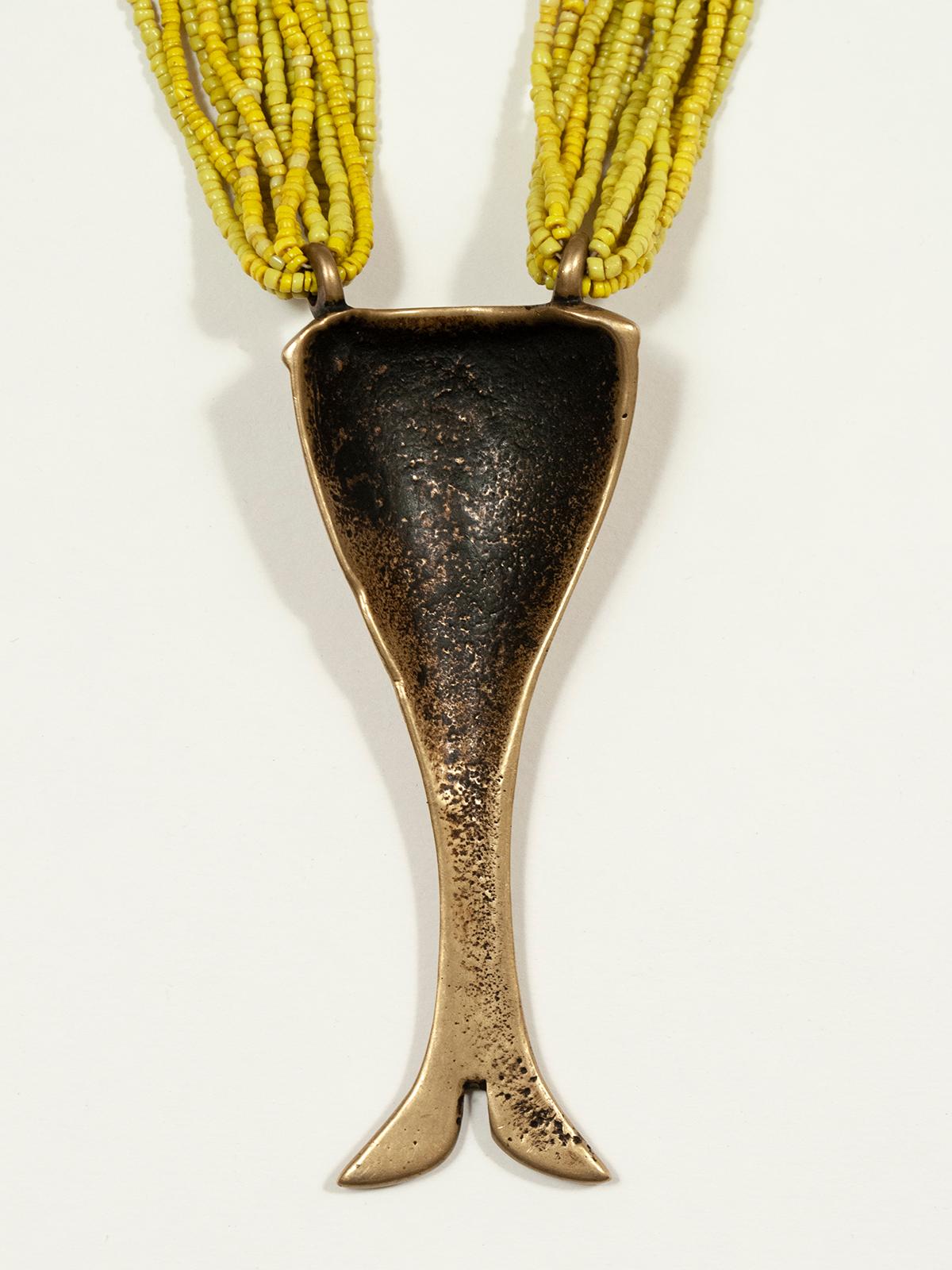 Indian 19th Century Brass Pendant on Yellow Multi-Strand Beaded Necklace, Naga, India For Sale
