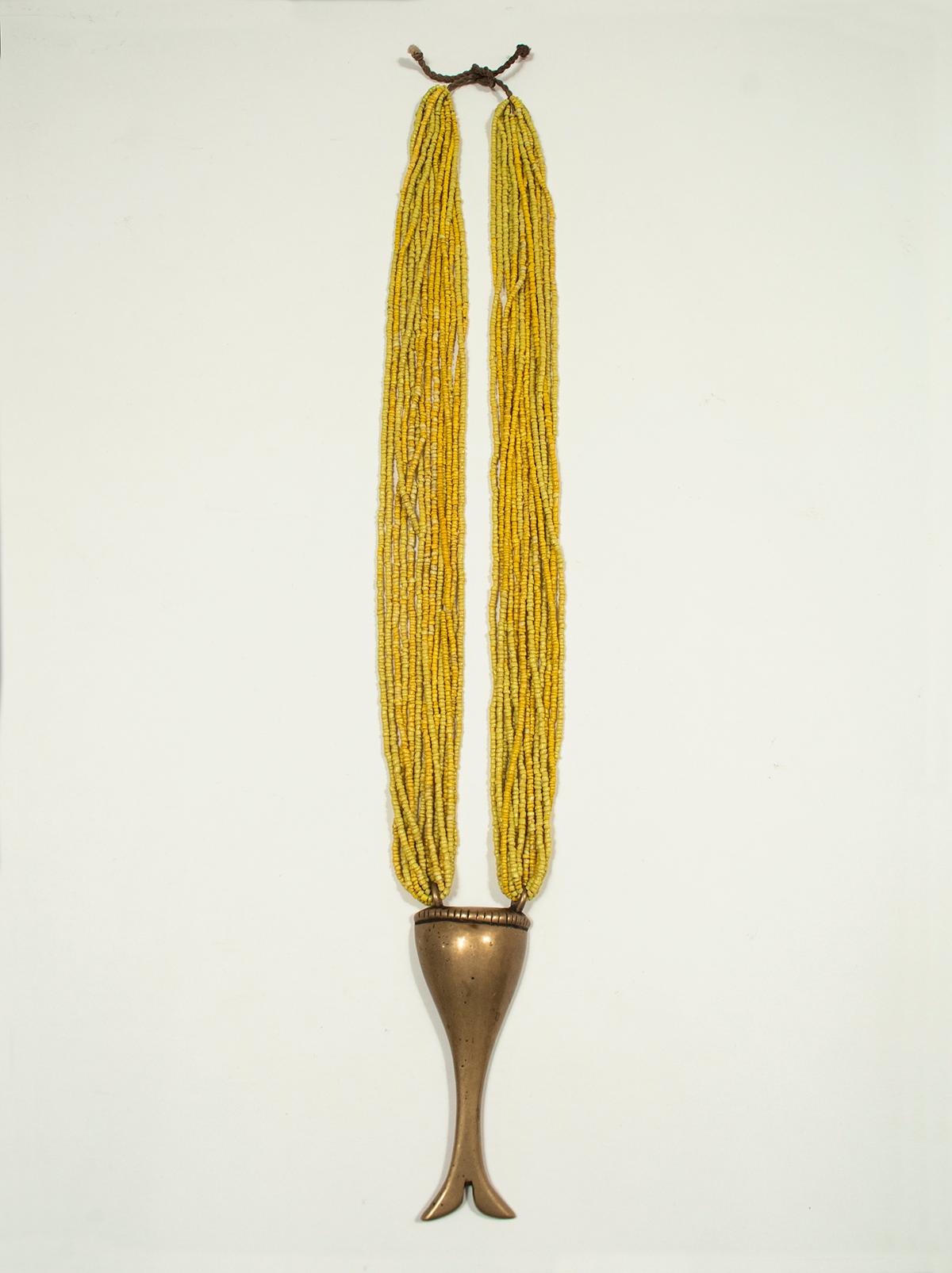 Hand-Crafted 19th Century Brass Pendant on Yellow Multi-Strand Beaded Necklace, Naga, India For Sale