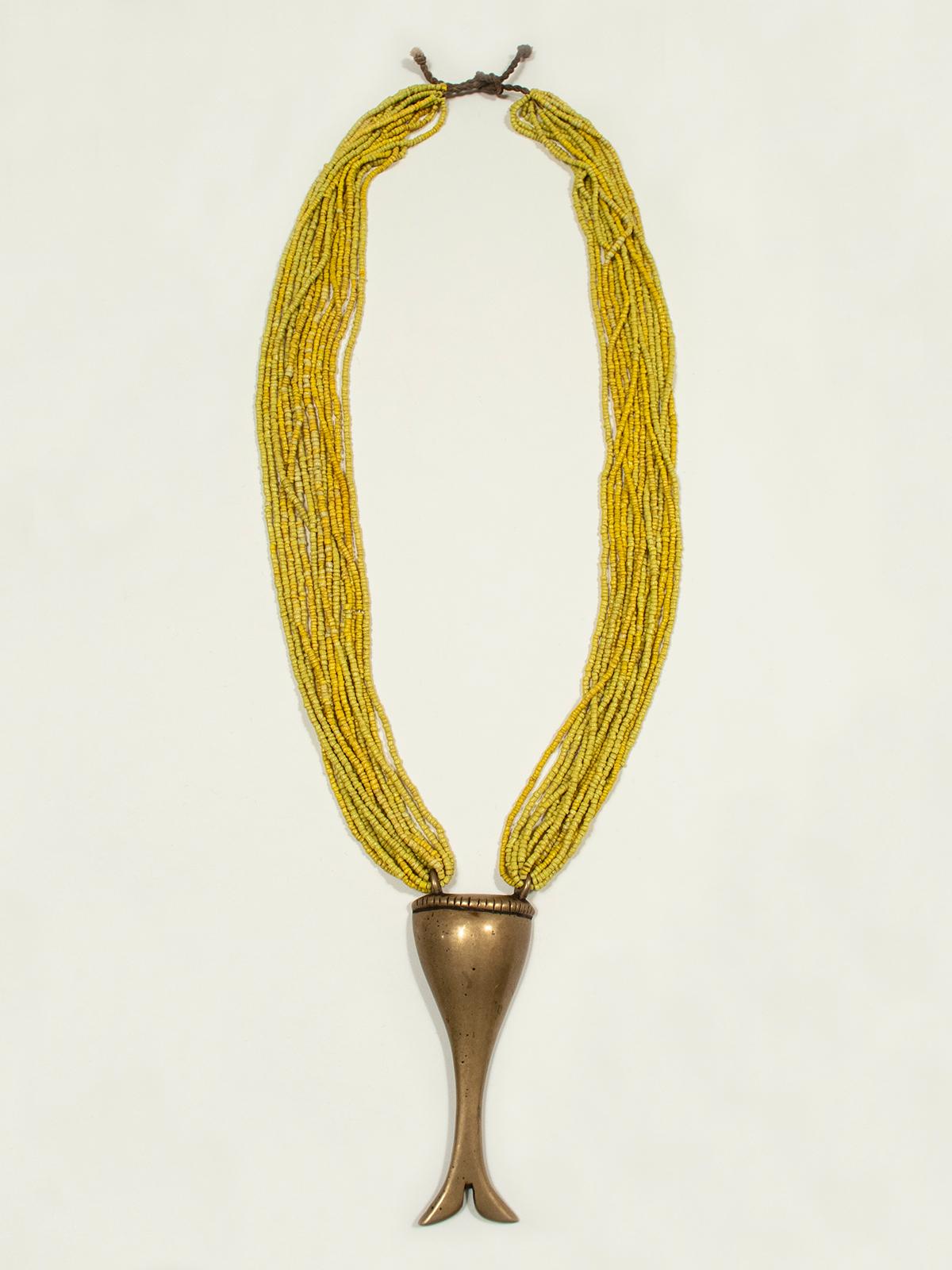 19th Century Brass Pendant on Yellow Multi-Strand Beaded Necklace, Naga, India For Sale 2