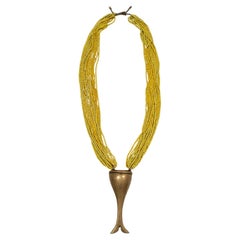Antique 19th Century Brass Pendant on Yellow Multi-Strand Beaded Necklace, Naga, India