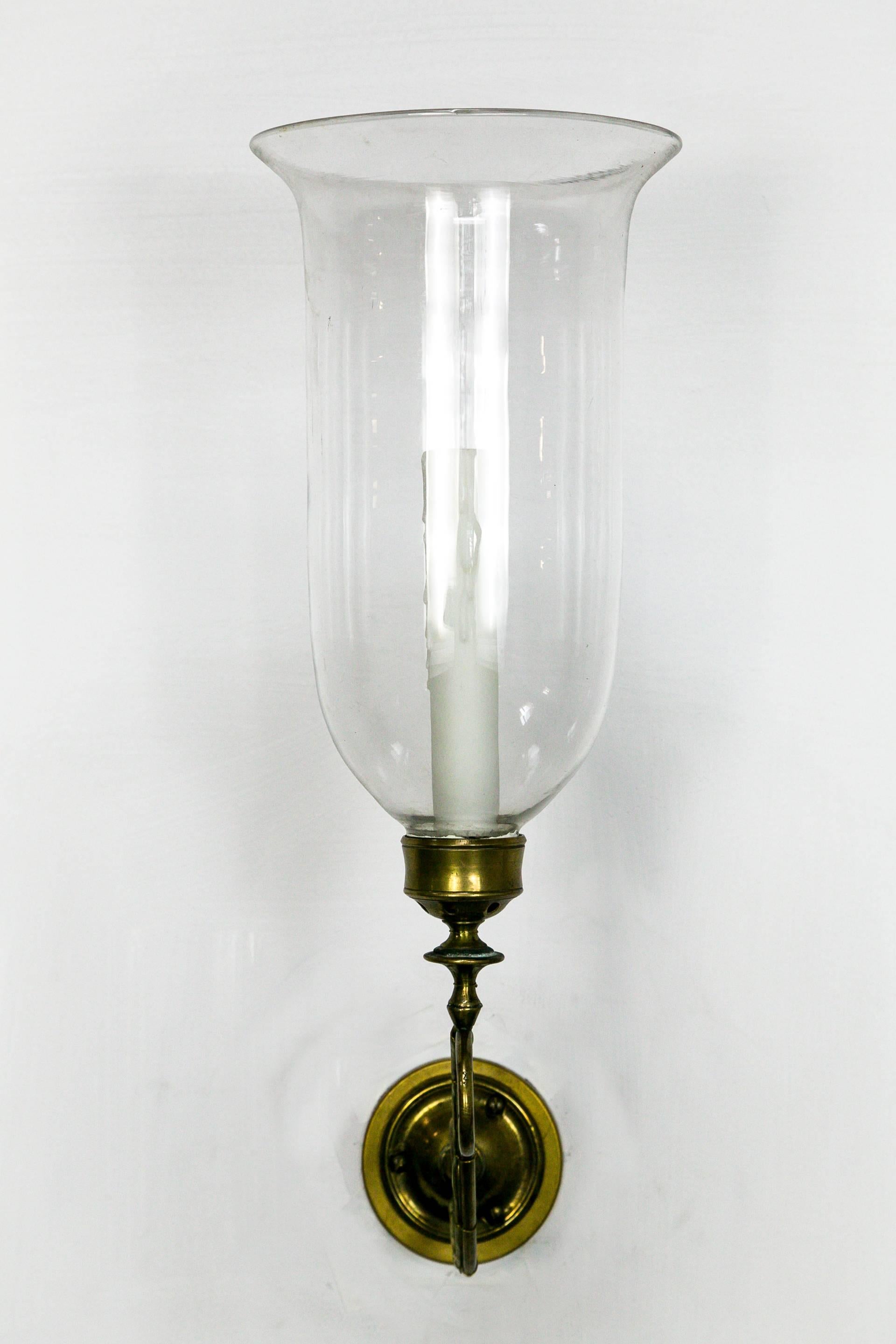 Regency 19th Century Brass Scroll Hand Blown Glass Hurricane Sconces, Pair