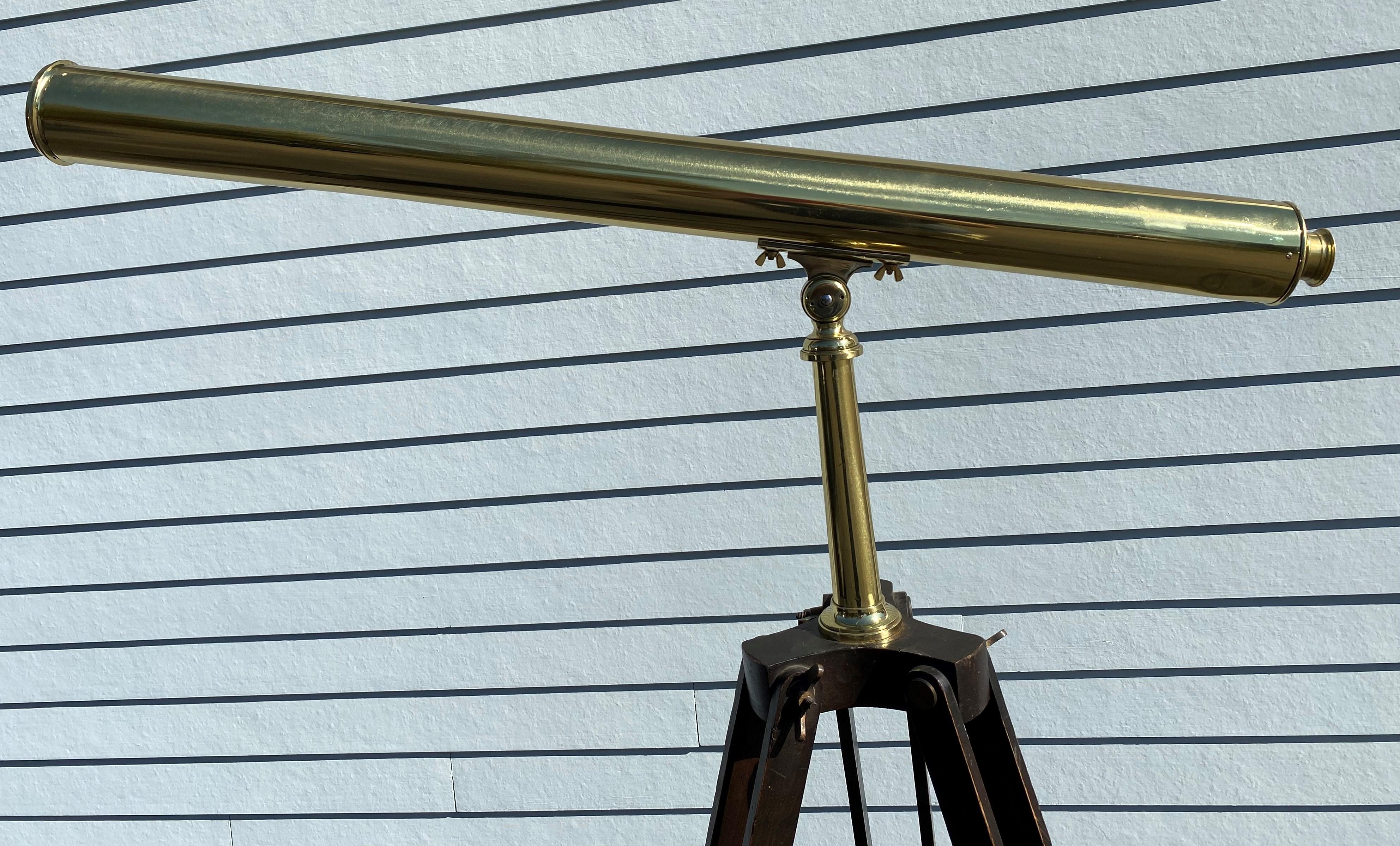 A fine example of a brass telescope on an adjustable wooden tripod signed A. Bardou, Paris, retailed by Thomas Hall & Son, Boston. Both names are incised on the lower eyepiece end of the telescope. Appears to be in good working order, dating to the