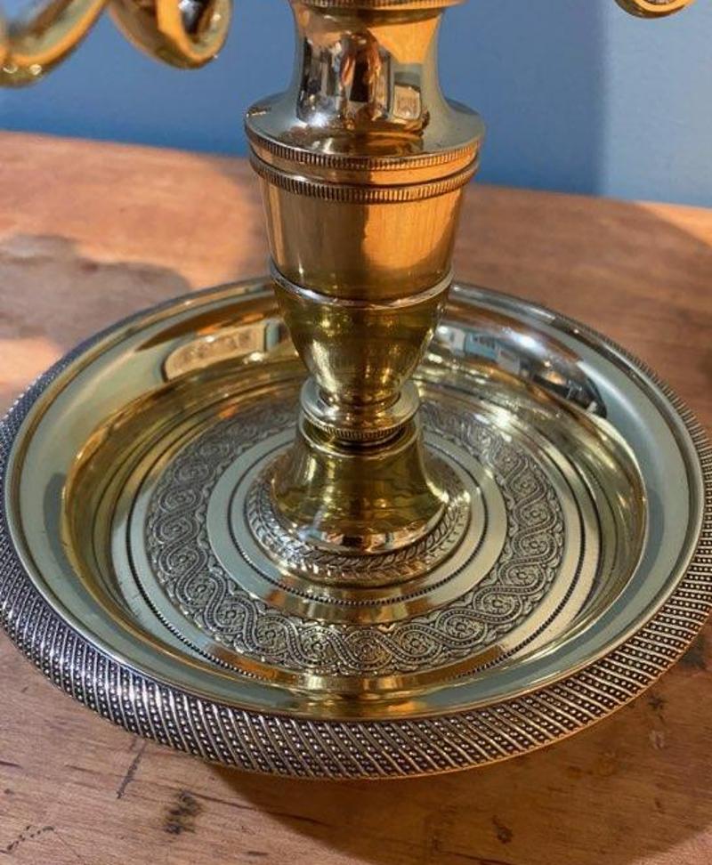 19th Century Brass Three Arm Bouillotte Lamp with Hand Painted Metal Shade For Sale 5