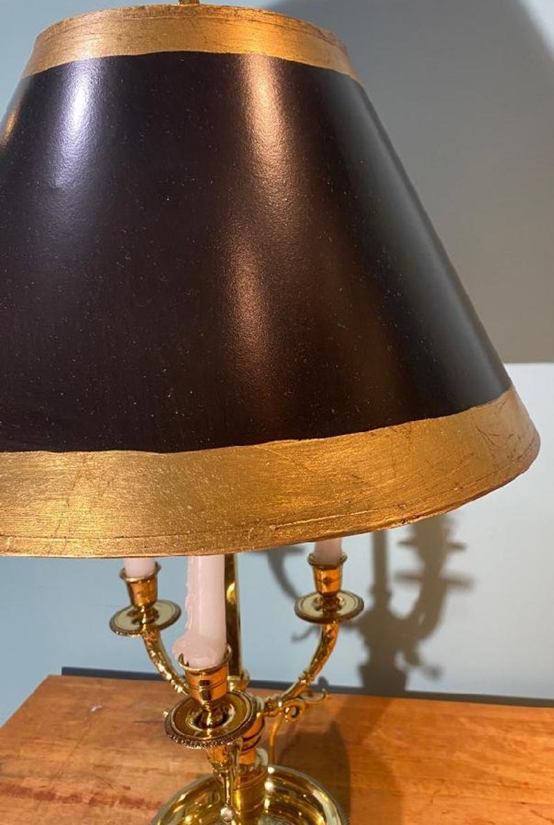French 19th Century Brass Three Arm Bouillotte Lamp with Hand Painted Metal Shade For Sale