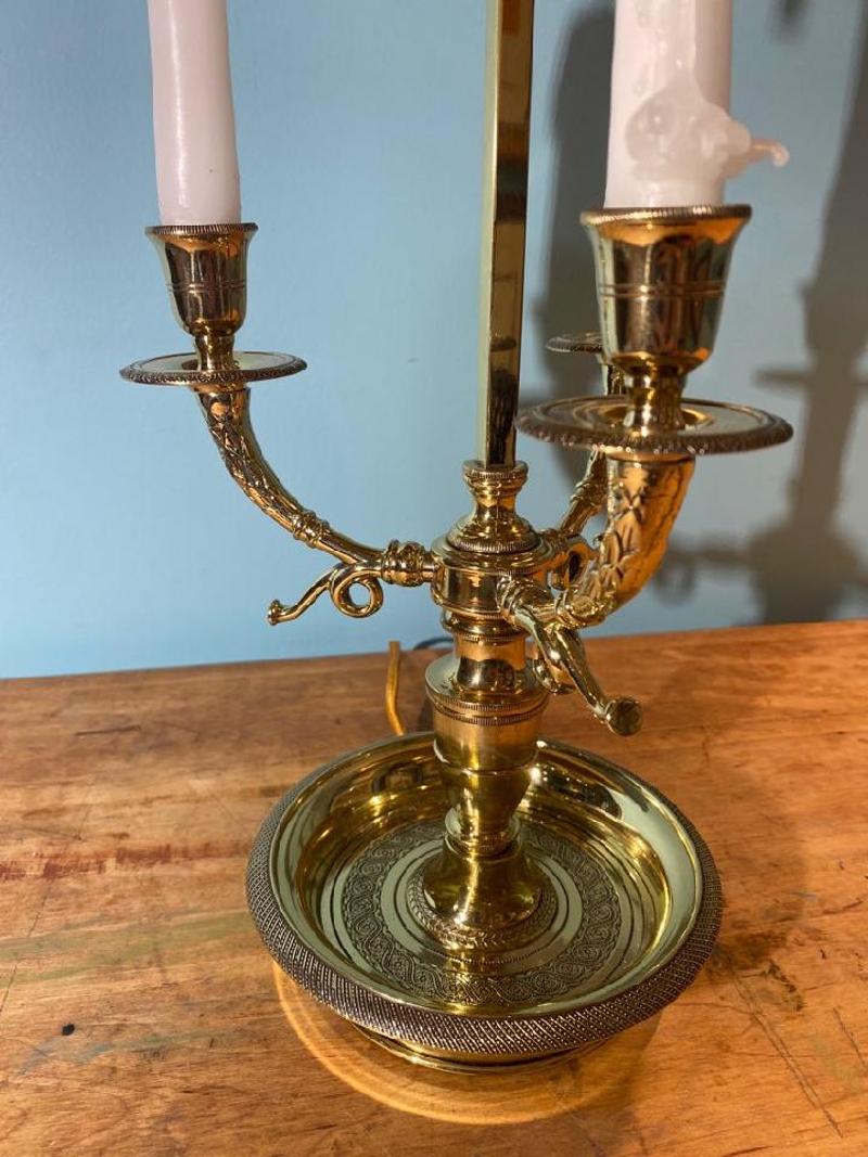 19th Century Brass Three Arm Bouillotte Lamp with Hand Painted Metal Shade For Sale 1
