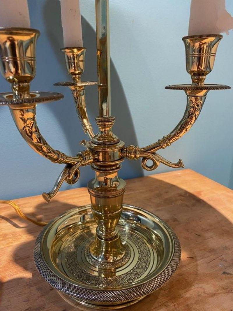 19th Century Brass Three Arm Bouillotte Lamp with Hand Painted Metal Shade For Sale 2