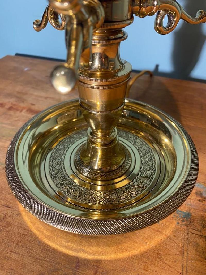 19th Century Brass Three Arm Bouillotte Lamp with Hand Painted Metal Shade For Sale 4