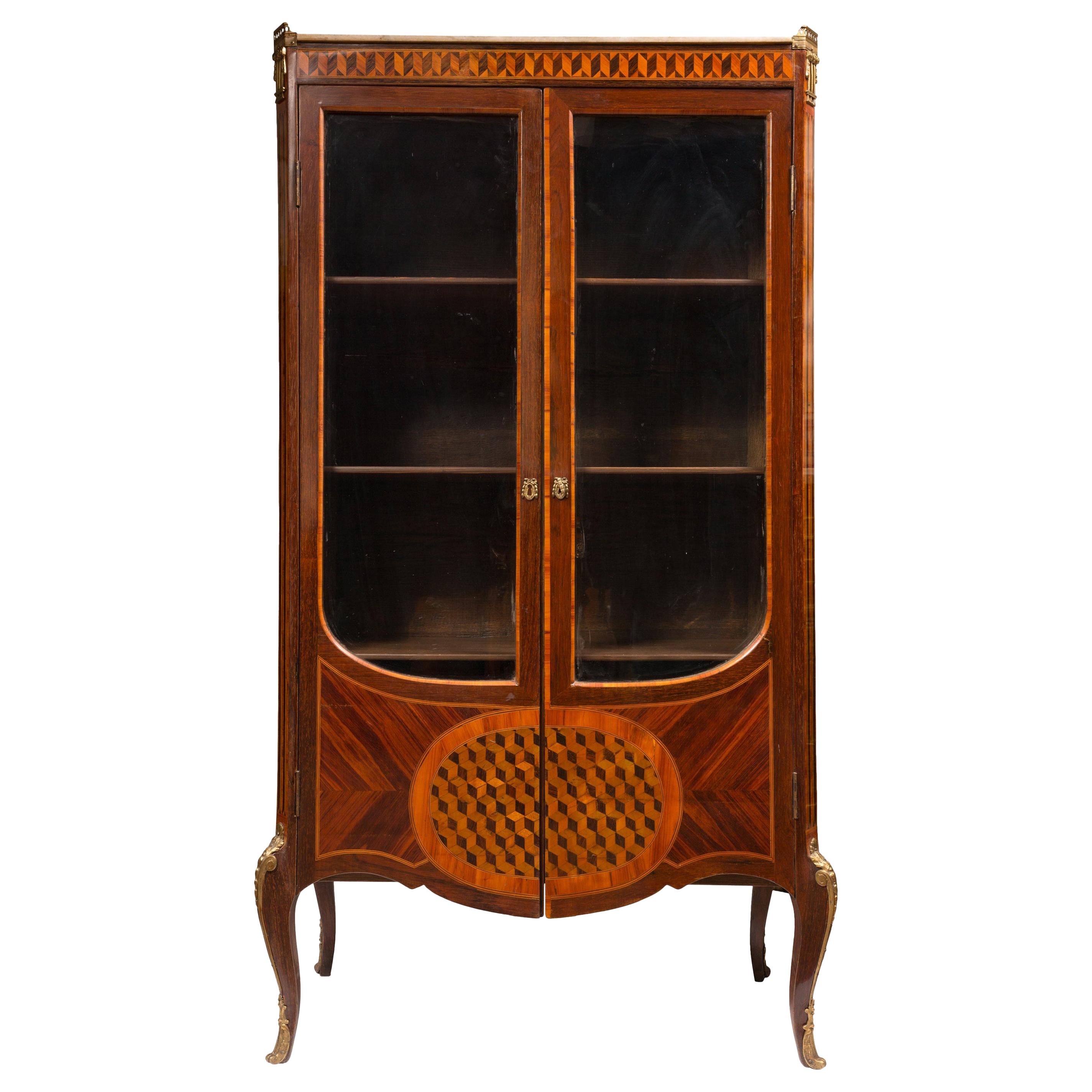 19th Century Breakfront Display Vitrine / China Cabinet, Decorative Wood Inlay