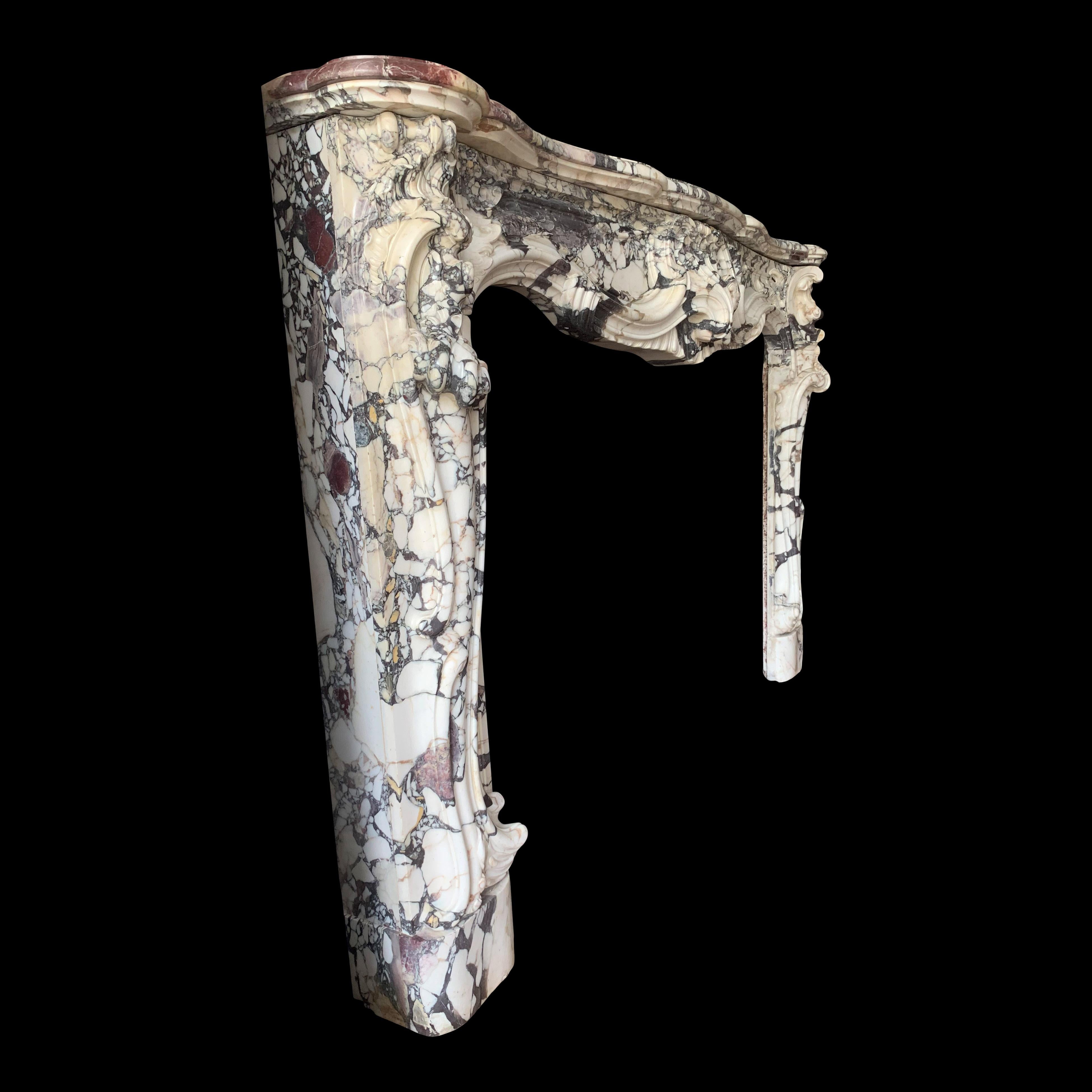 Marble 19th Century Breche Violette French Chimneypiece in the Rococo Revival Manor For Sale