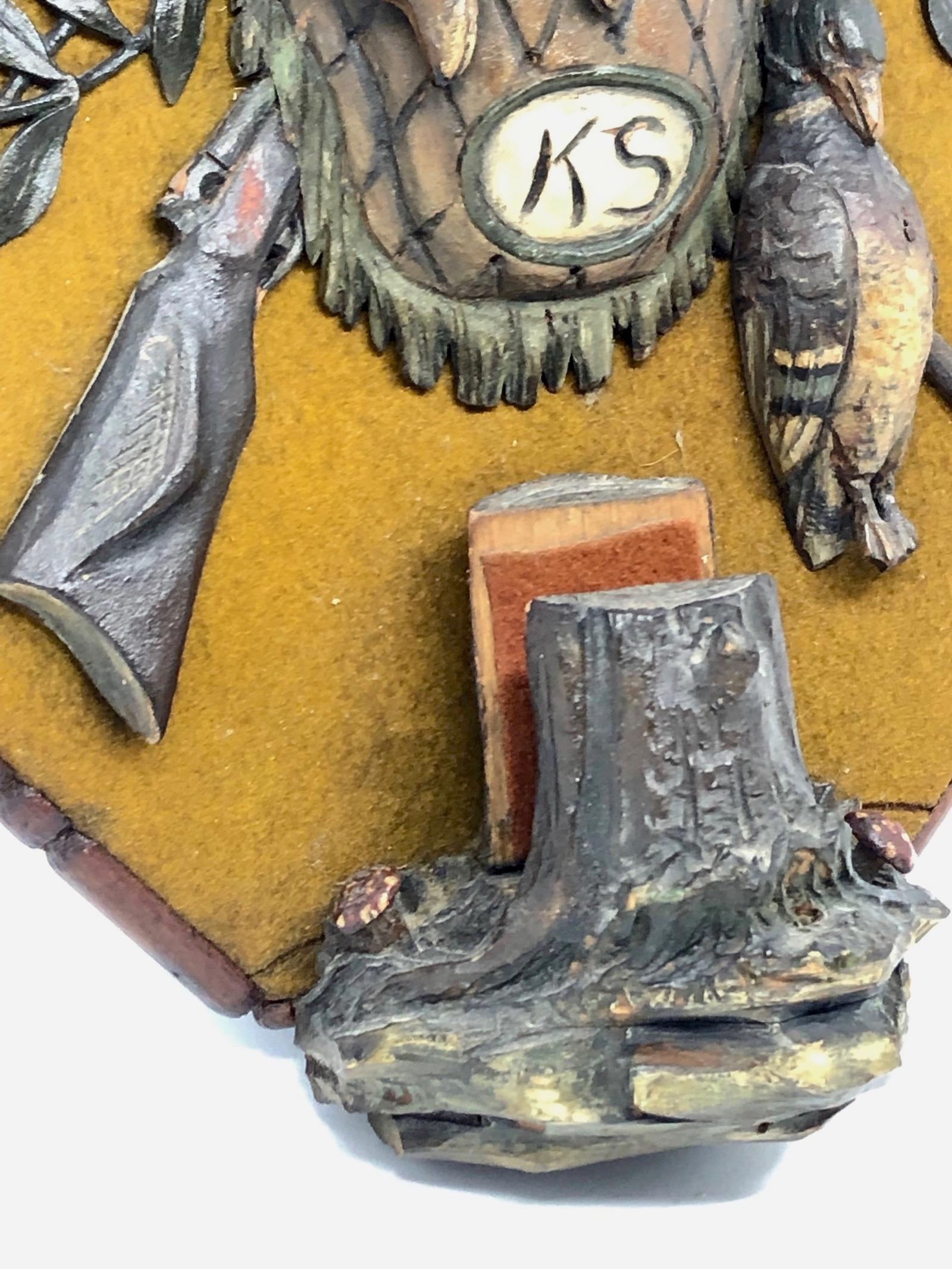 German 19th Century Brienz Black Forest Carved Plaque Wood Hunt Theme Match Holder