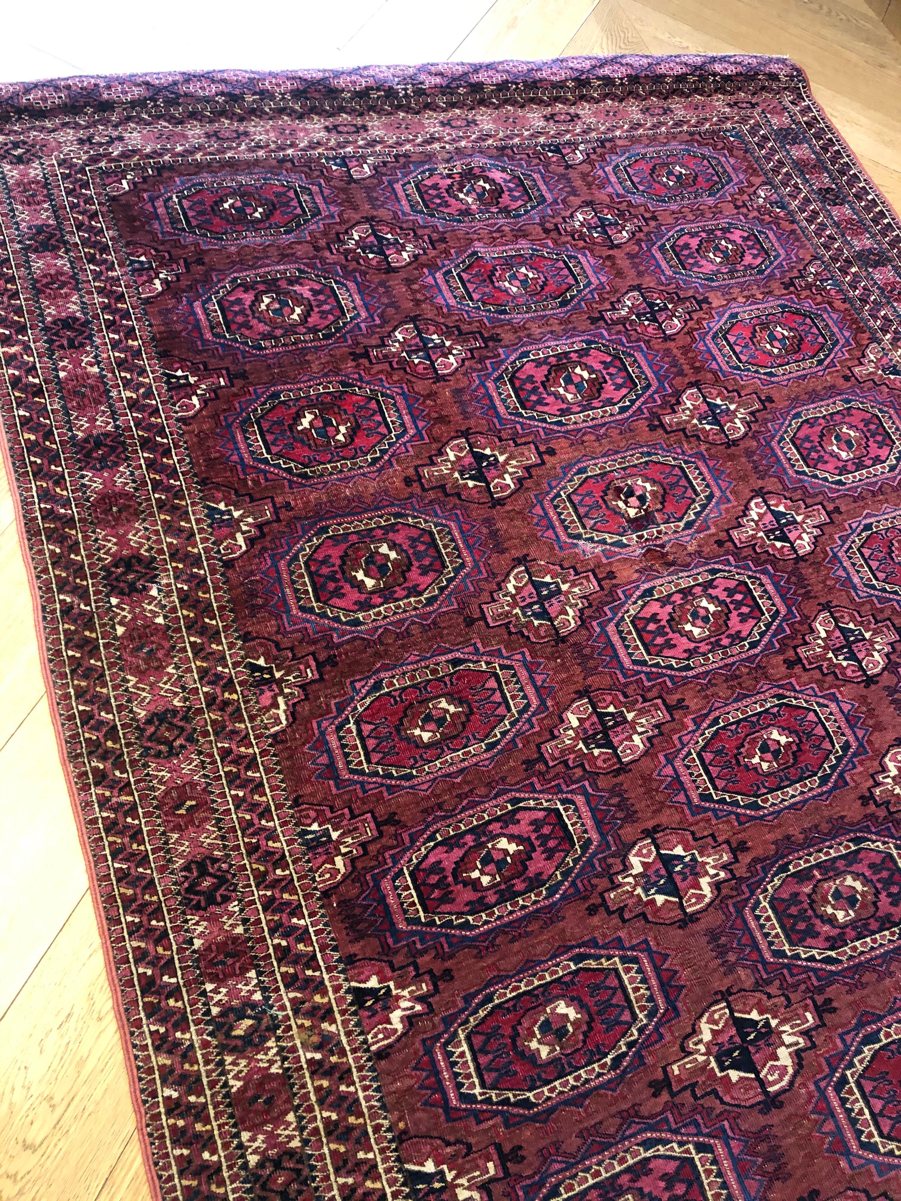 Hand-Knotted 19th Century Brilliant Red Symmetrical Gul Turkmenistan Antique Rug, ca 1890