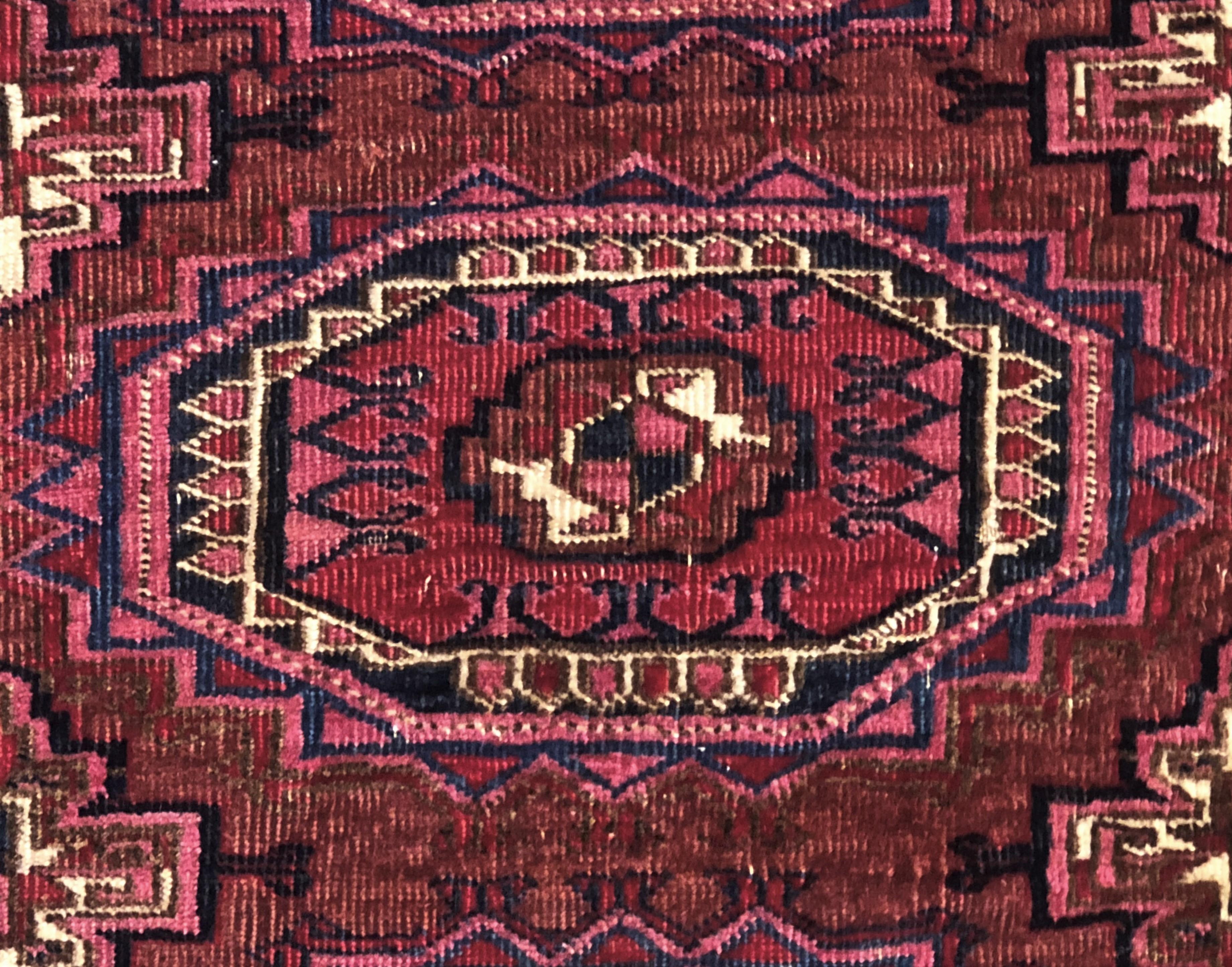 19th Century Brilliant Red Symmetrical Gul Turkmenistan Antique Rug, ca 1890 2