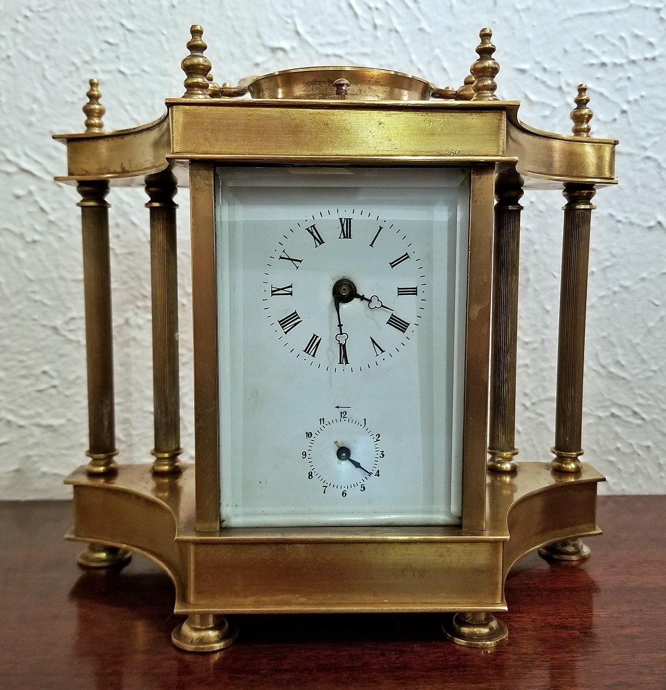 Late Victorian 19th Century British Brass Carriage Clock with Roman Columns