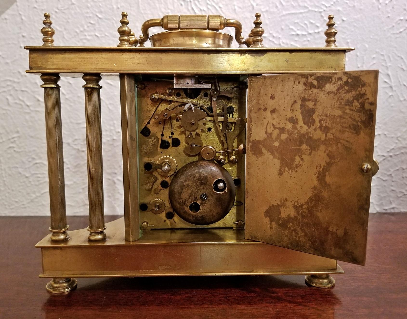 19th Century British Brass Carriage Clock with Roman Columns In Fair Condition In Dallas, TX