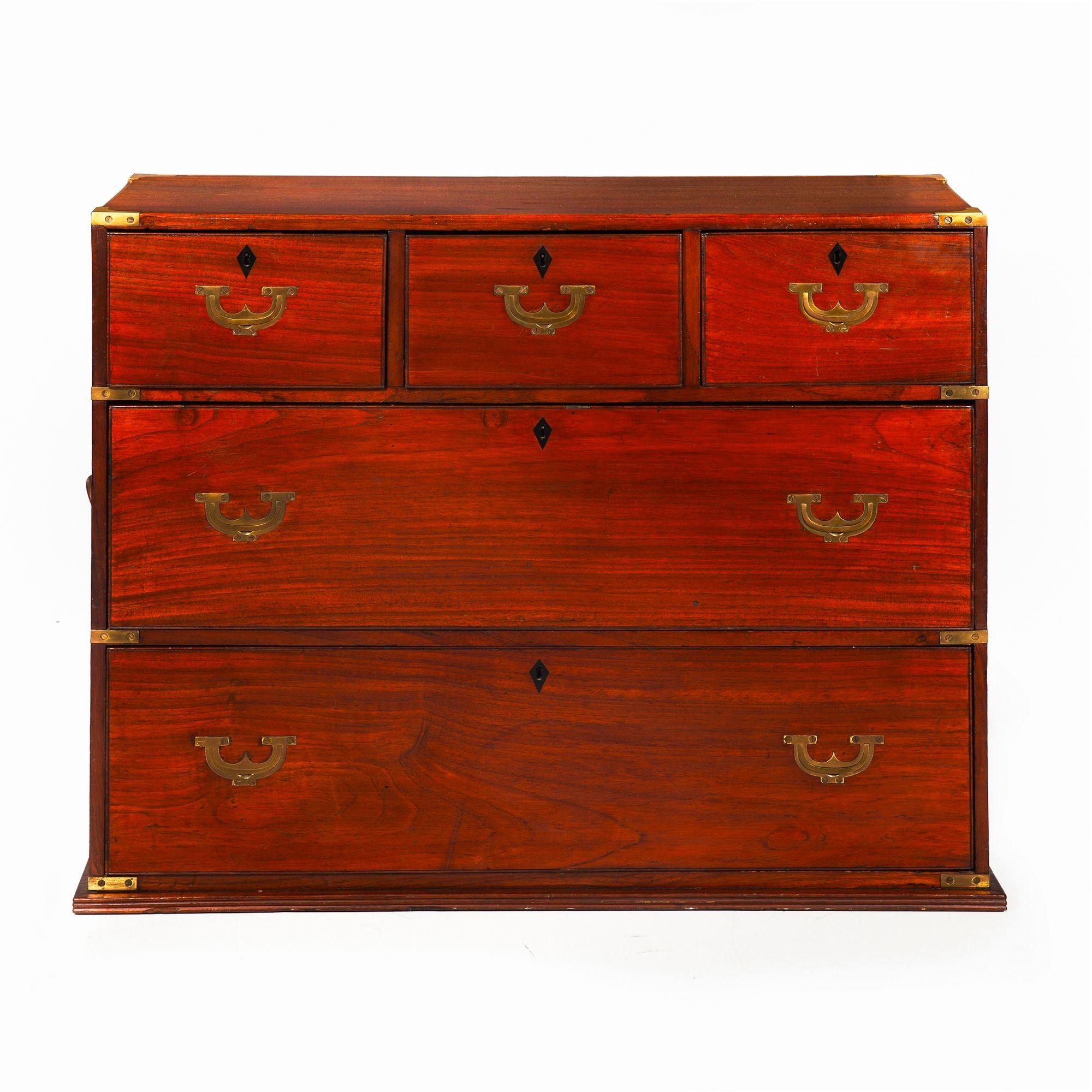 A FINE CHINESE EXPORT BRASS-BOUND CAMPAIGN CHEST

Probably Chinese Export for the British market, circa 1840-70, possibly composed of recycled parts  well-figured hardwood  floating backboards stenciled 