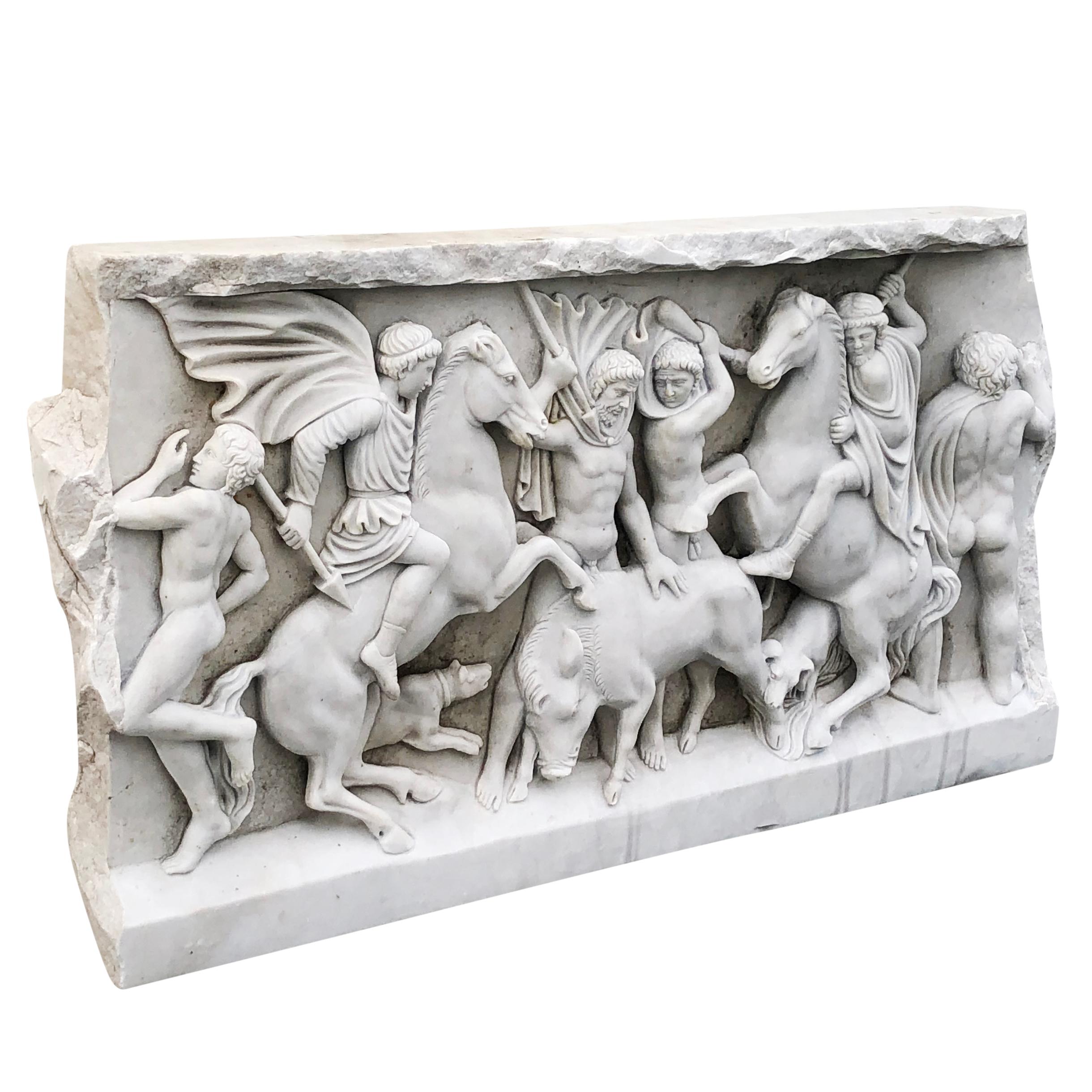 Hand-Carved 19th Century British Carrara Marble Roman Relief Sculpture - Antique Relief For Sale