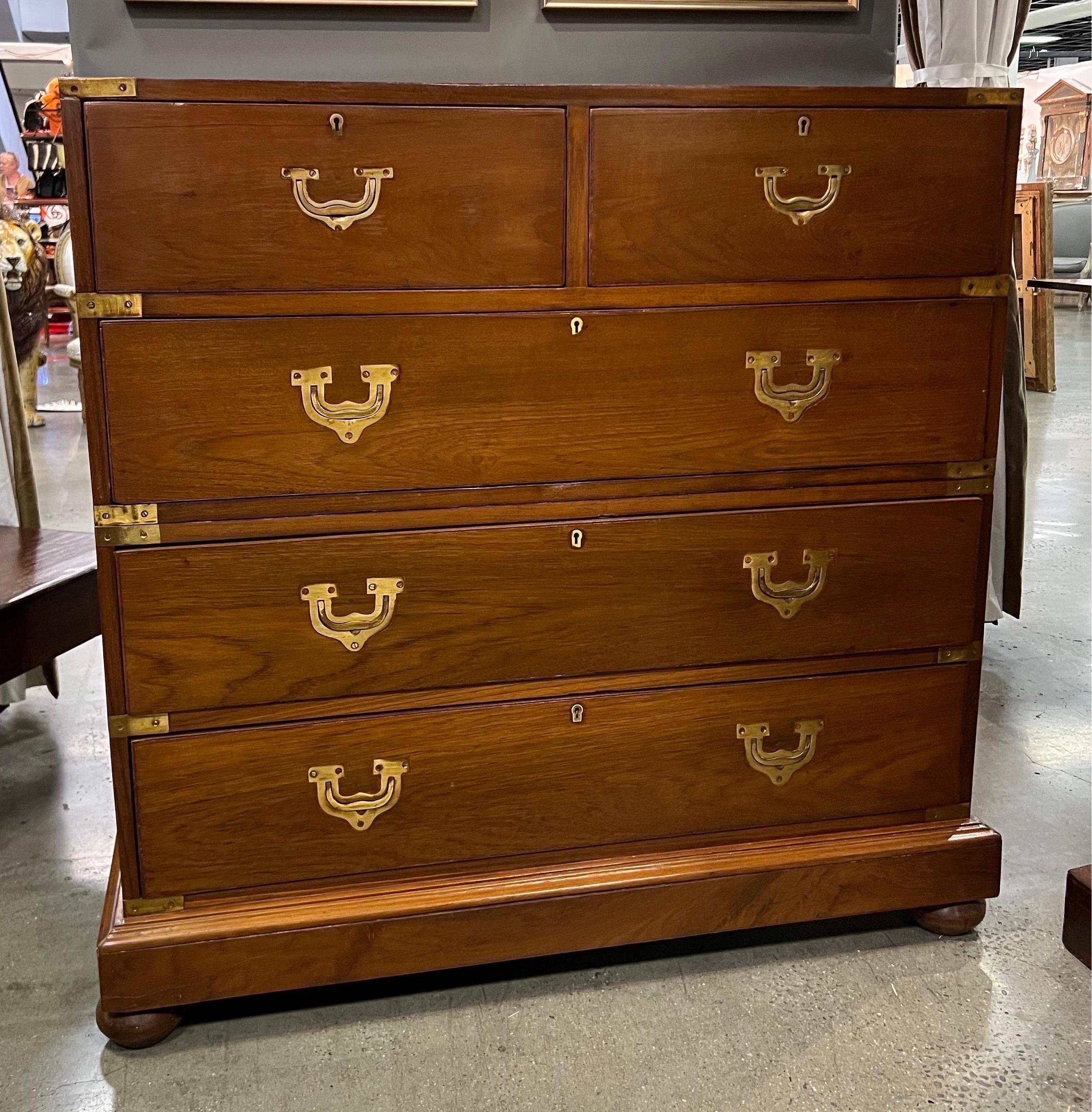 19th Century British Colonial Brass Bound Teak Campaign Chest In Good Condition For Sale In Charleston, SC