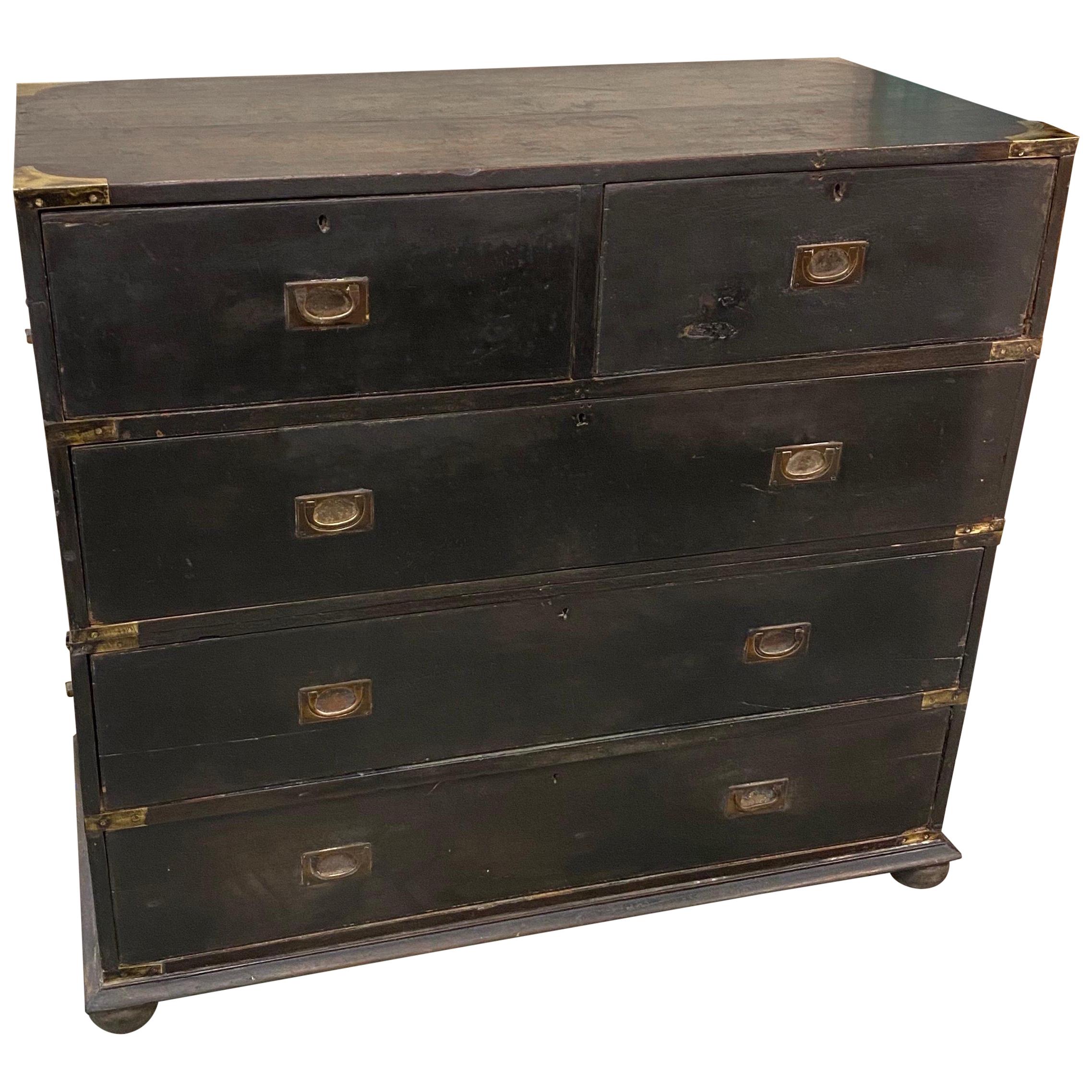 19th Century British Colonial Ebonized Brass Bound Campaign Chest