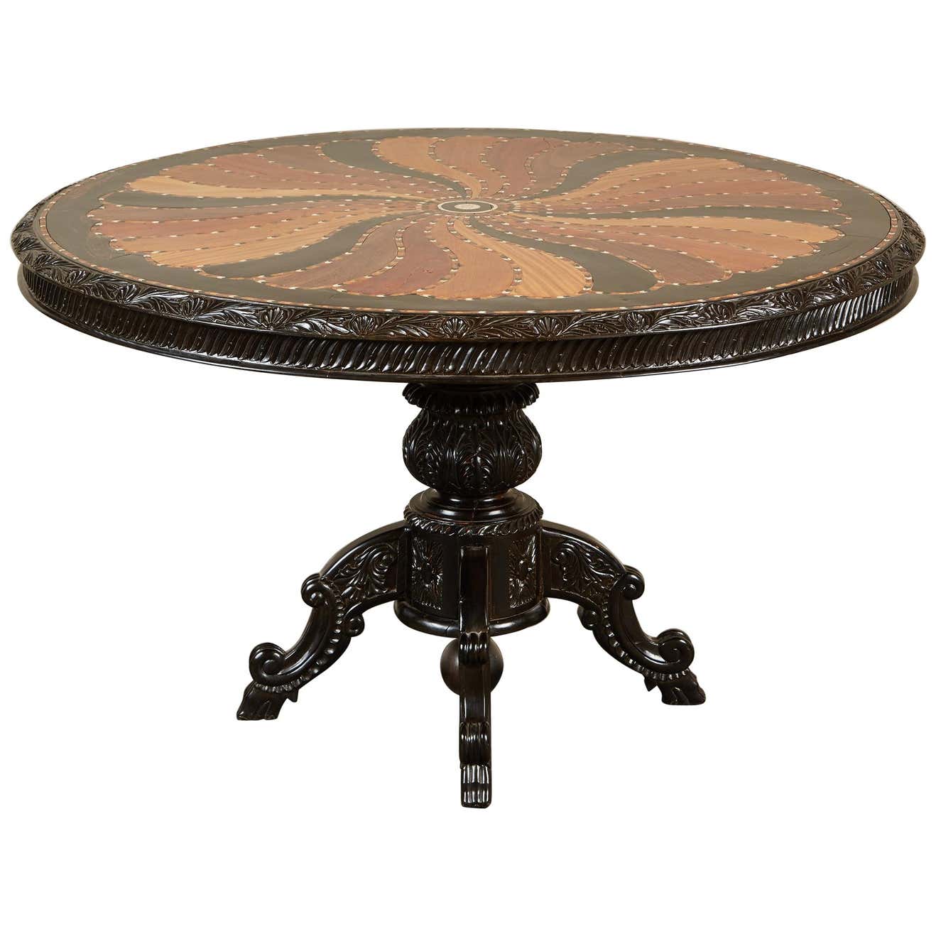 19th Century British Colonial Pedestal Table with Inlaid Top at 1stDibs