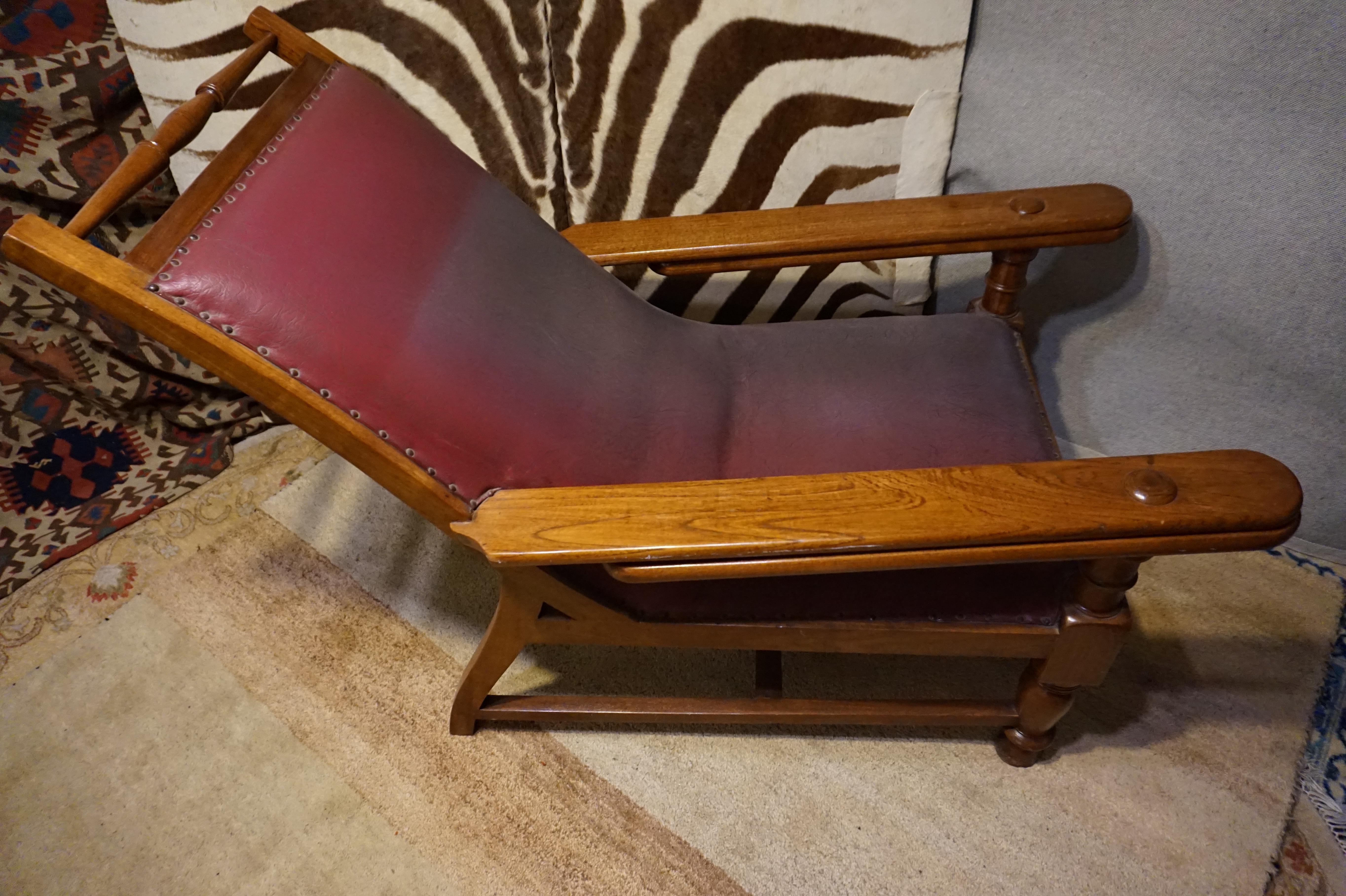 19th Century British Colonial Tea Plantation Teak & Leather Lounge Chair For Sale 6