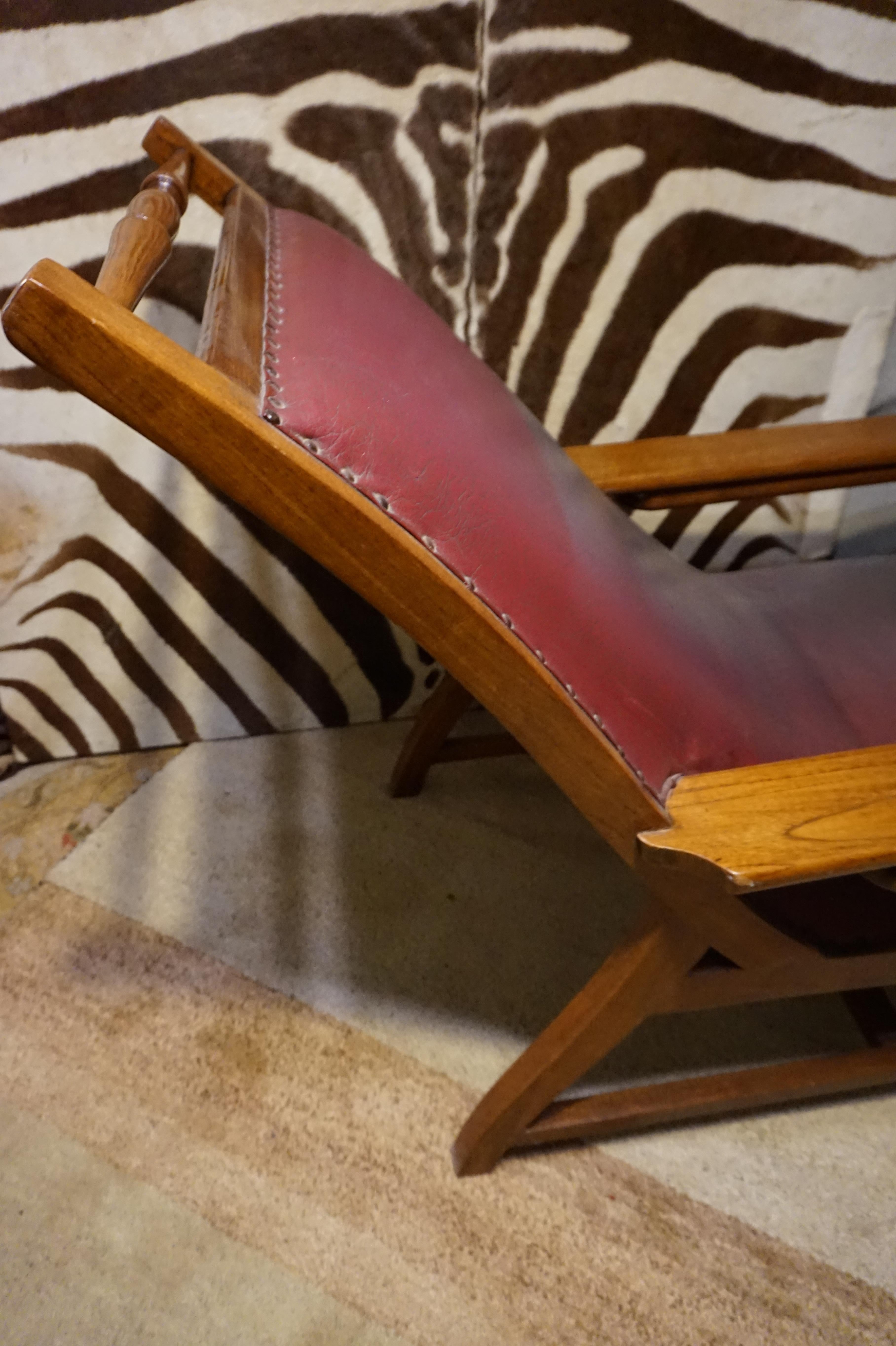 19th Century British Colonial Tea Plantation Teak & Leather Lounge Chair For Sale 8