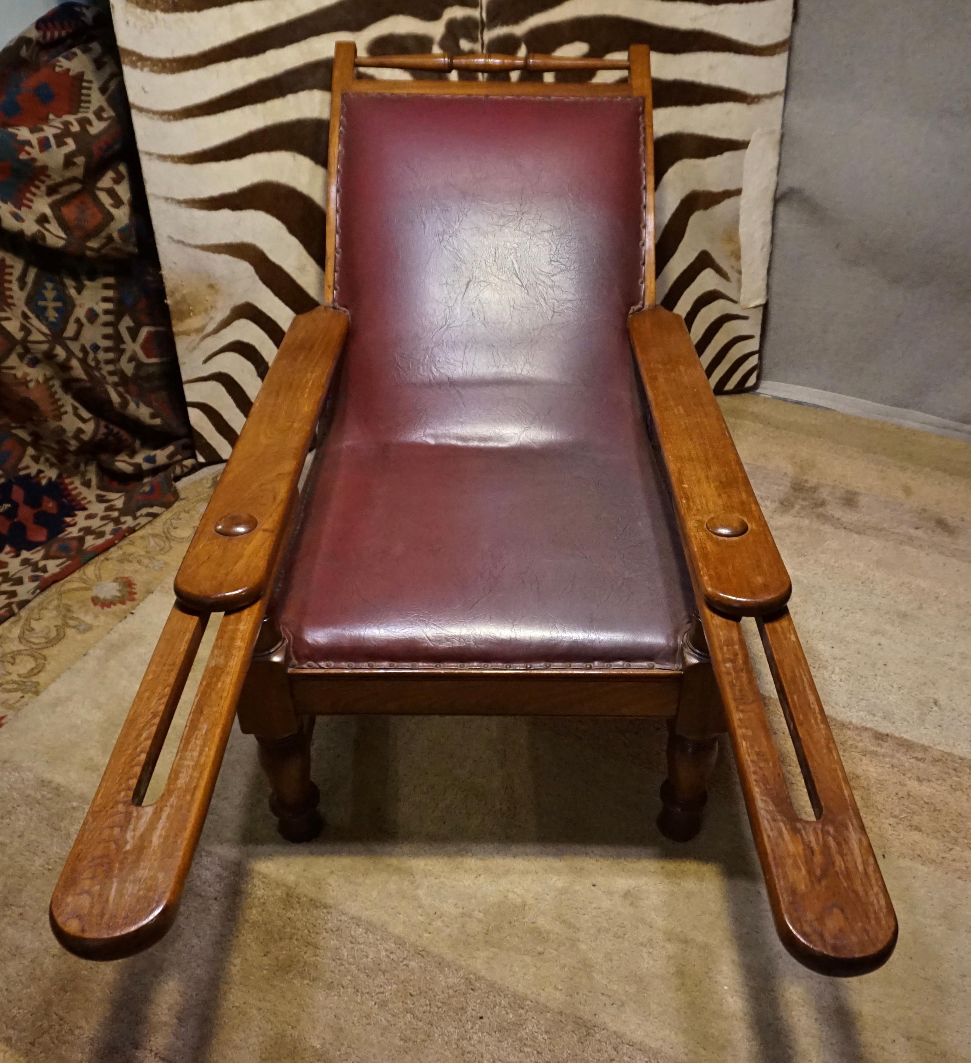 Woodwork 19th Century British Colonial Tea Plantation Teak & Leather Lounge Chair For Sale