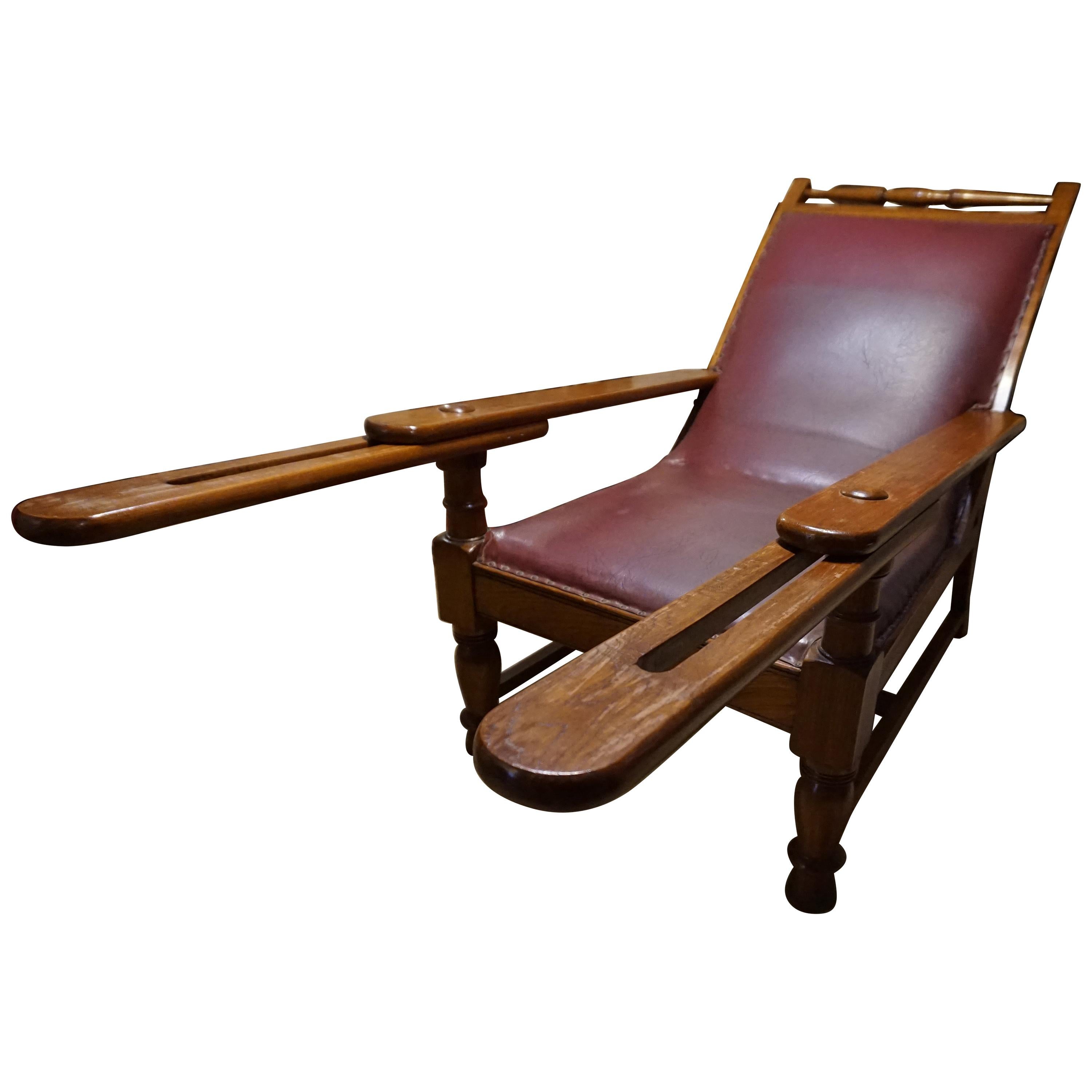 19th Century British Colonial Tea Plantation Teak & Leather Lounge Chair