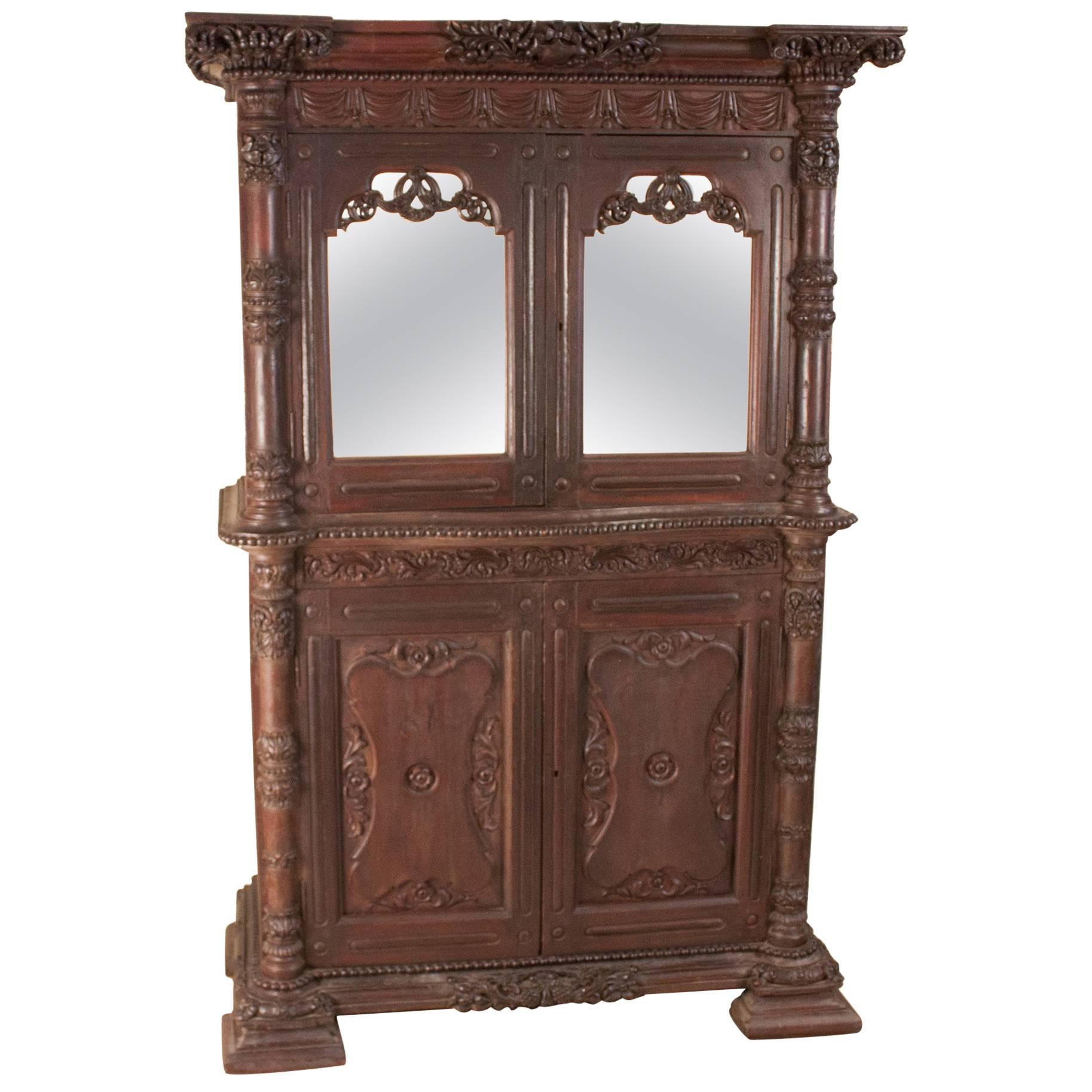 19th Century British Colonial Teak Wood Mirrored Cabinet or Hutch For Sale
