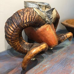 19th Century British Empire Silver and Tooled Leather Mounted Rams Horn