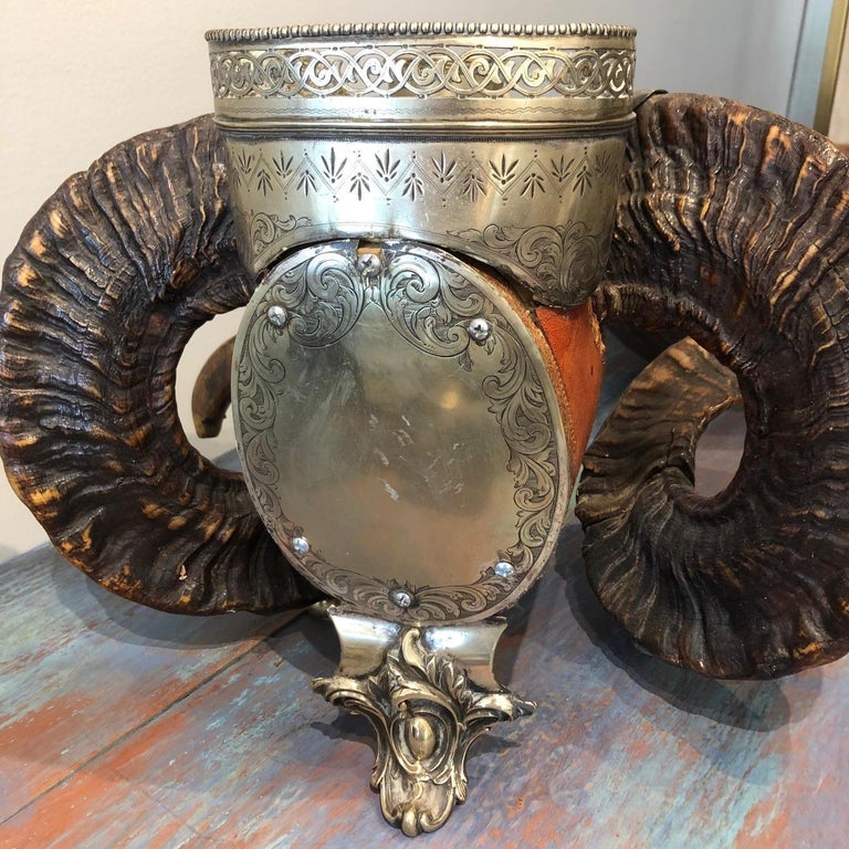 19th Century British Empire Silver and Tooled Leather Mounted Rams Horn